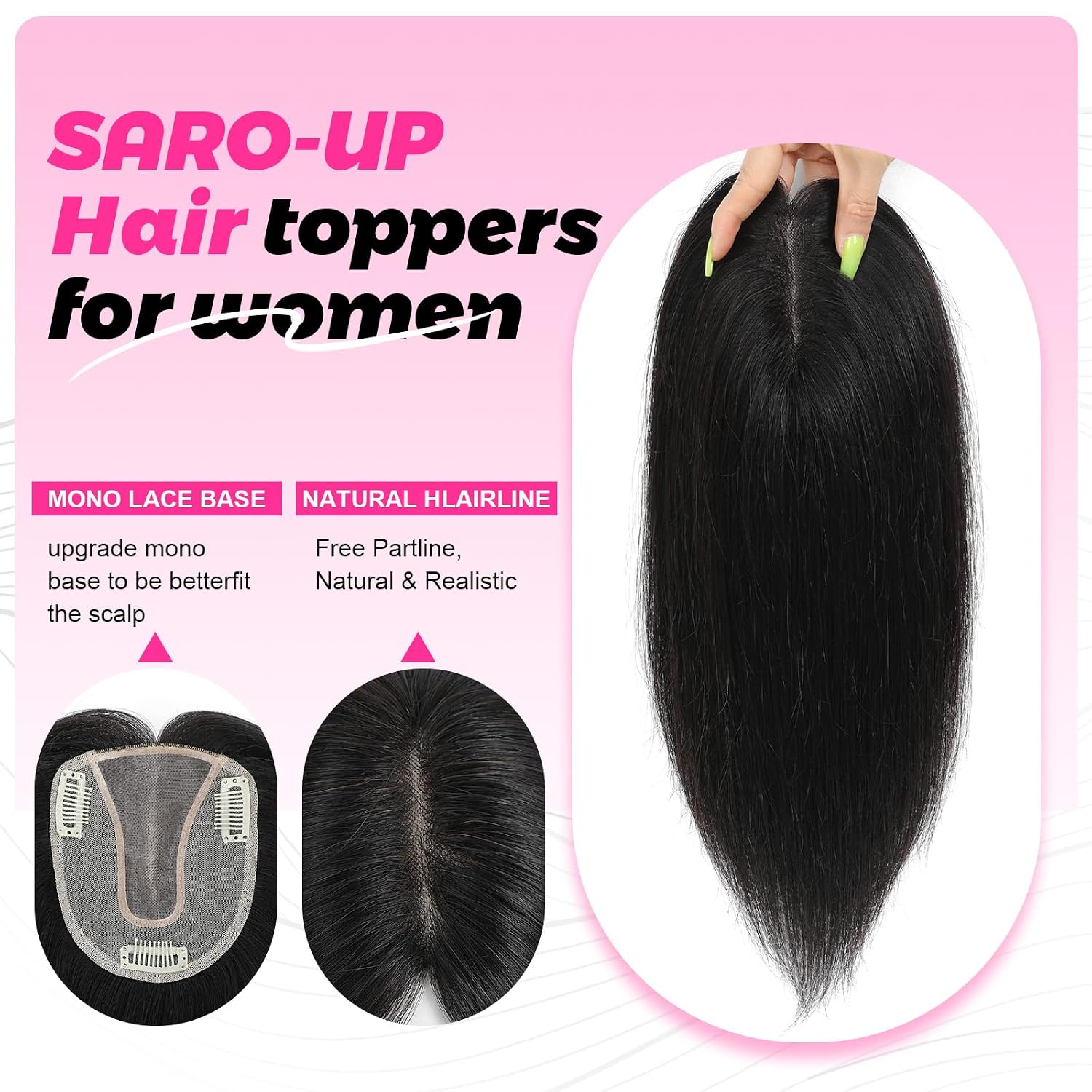 SARO-UP 12Inch Human Hair Toppers for Women Real Human Hair Pieces for Women with Thinning Hair No Bangs Top 45g Topper 4x4.5 inch Larger Mono Base HairPieces(Natural Black)