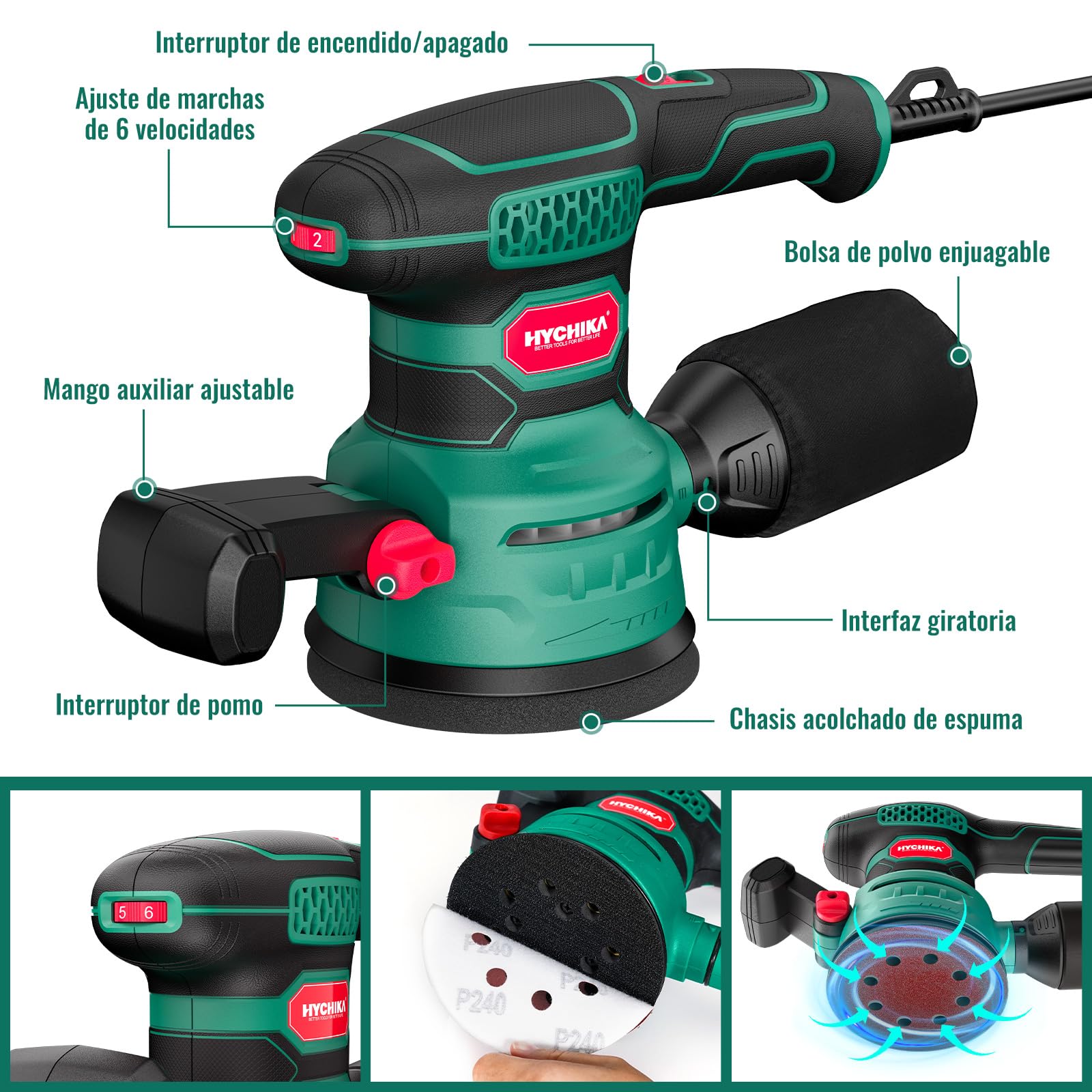 HYCHIKA 450W Lijadora Orbital, Seis velocidades de 6000-12000 OPM, eficiente sistema de recogida de polvo con 20PCS de papel de lija, ideal para el lijado de metal y madera