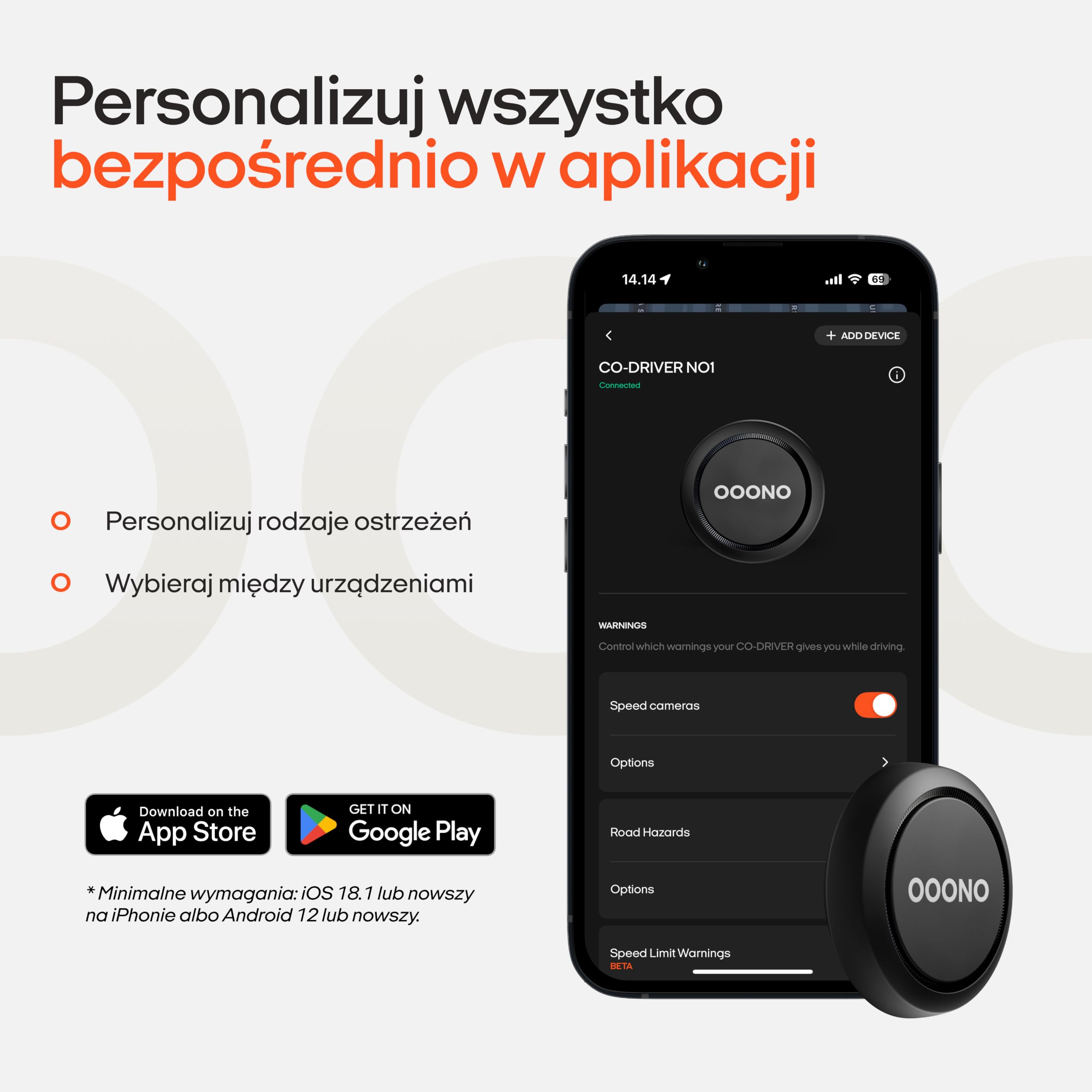 OOONO Co-Driver NO1 alarm drogowy – ostrzega o fotoradarach i zagrożeniach w czasie rzeczywistym | wskaźnik LED | automatyczna aktywacja przez Bluetooth | 1 szt.