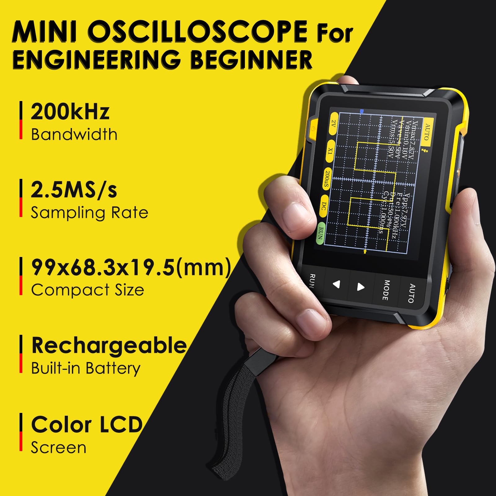 Osciloscopio Digital, 2.8" TFT Mini Oscilloscope 200KHz Ancho de Banda con 2.5MS/s Frecuencia de Muestreo, Modo de Disparo Auto/Nomal/Simple para Principiantes, Bricolaje, Uso Doméstico