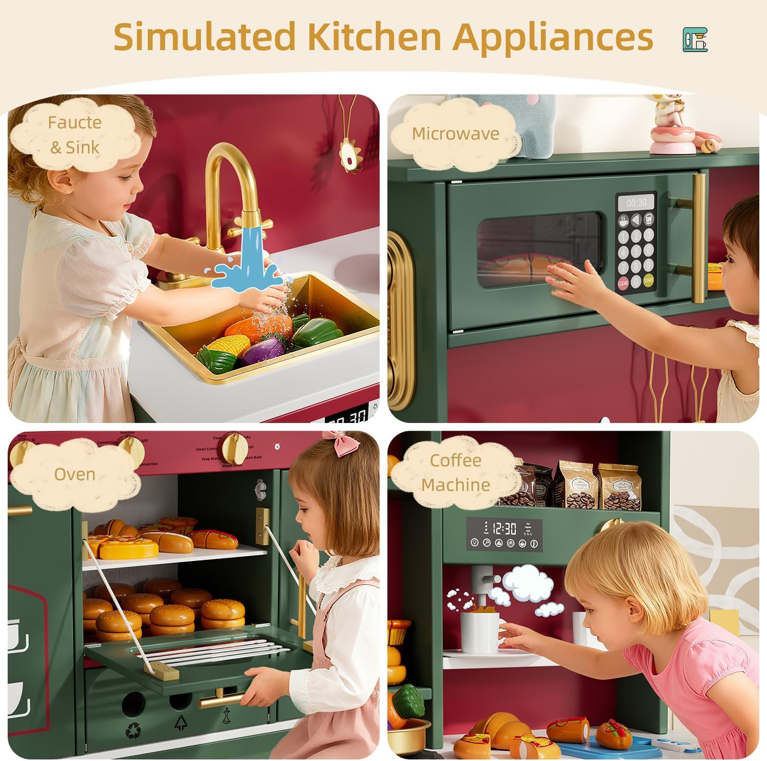 Wooden Play Kitchen for Toddlers, Kids Kitchen Playset with Realistic Lights and Sounds, 35.8 Inches Large Toy Kitchen for Girls and Boys Ages 3+. Green