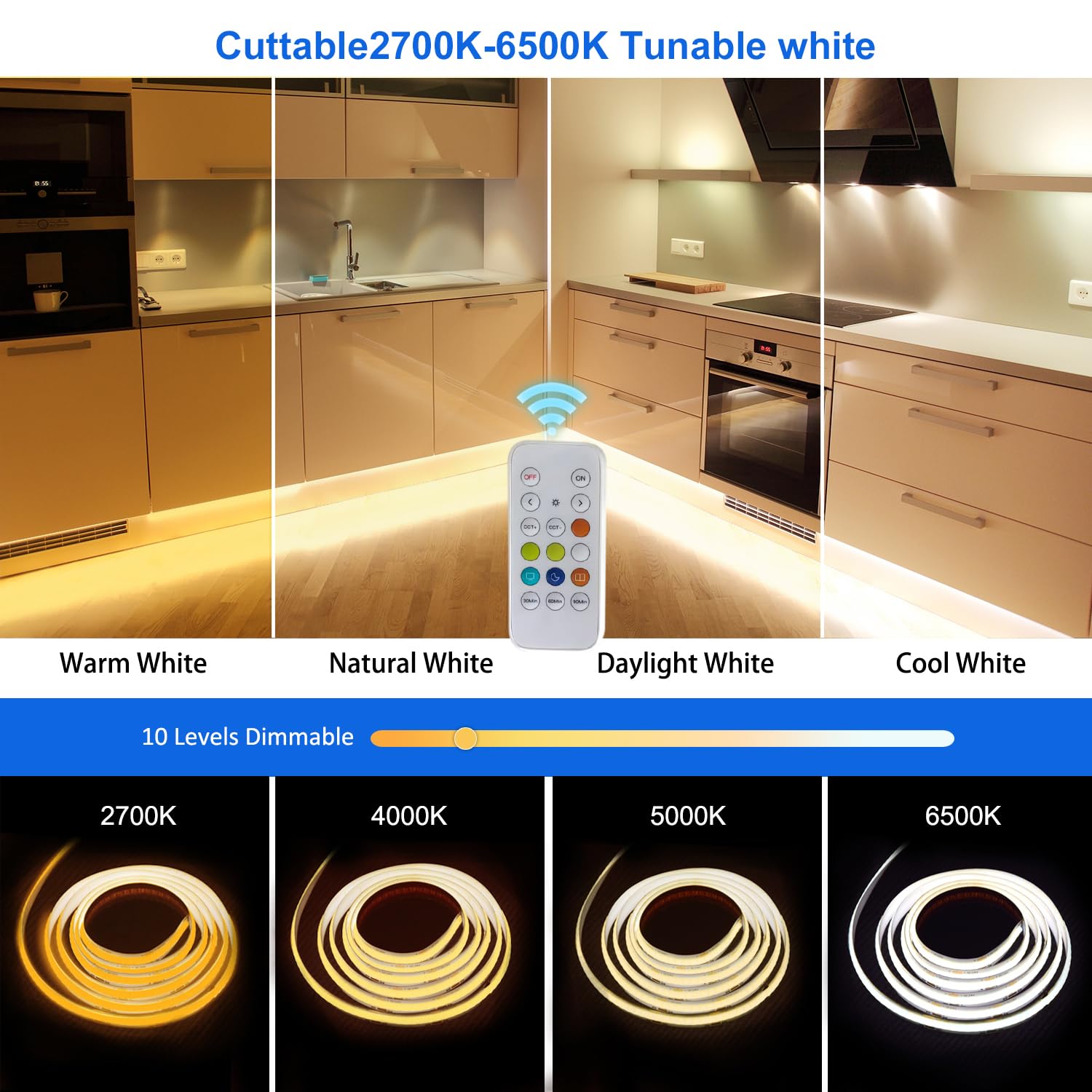CCT COB - Tira de luz LED de 16.4 pies, sintonizable, blanco cálido a blanco frío, luz de cinta LED 608LEDs/M DC24V, CRI90+, control de aplicación Bluetooth, tiras regulables para recámara,