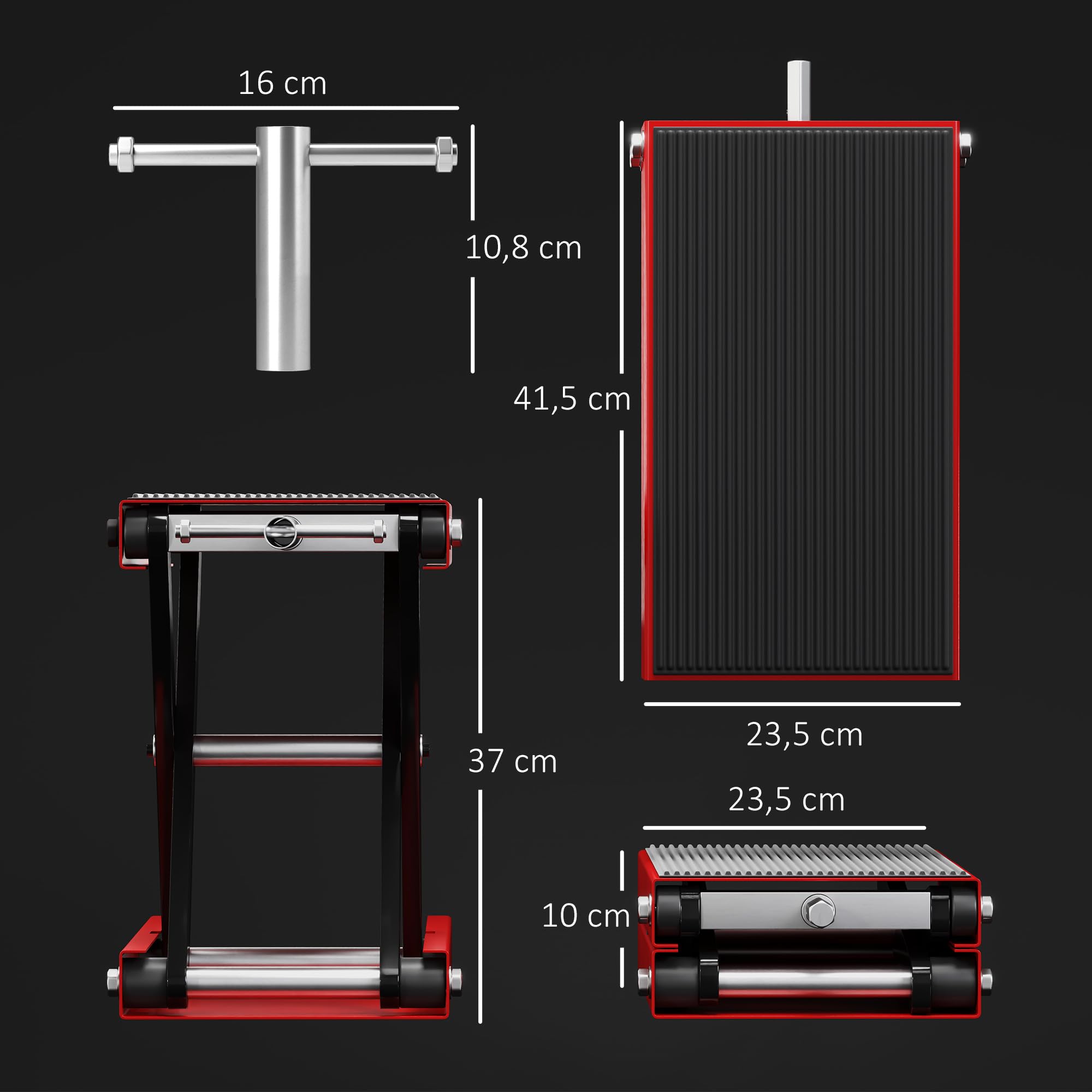 DURHAND Plataforma Elevadora de Tijera Carga 500 kg Altura Ajustable 10-37 cm Soporte para Motocicletas Soporte de Moto para Aparcar o Reparar Taller Garaje 41,5x23,5x10-37 cm Negro y Rojo