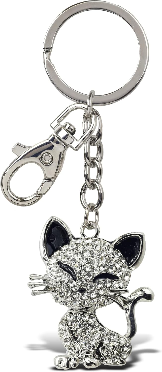 Happy Cat Keychain - Silver 3D Sparkling Charm Rhinestones Fashionable Stylish Metal Alloy Durable Key Ring Bling Crystal Jewelry Accessory with Clasp