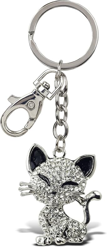 Happy Cat Keychain - Silver 3D Sparkling Charm Rhinestones Fashionable Stylish Metal Alloy Durable Key Ring Bling Crystal Jewelry Accessory with Clasp