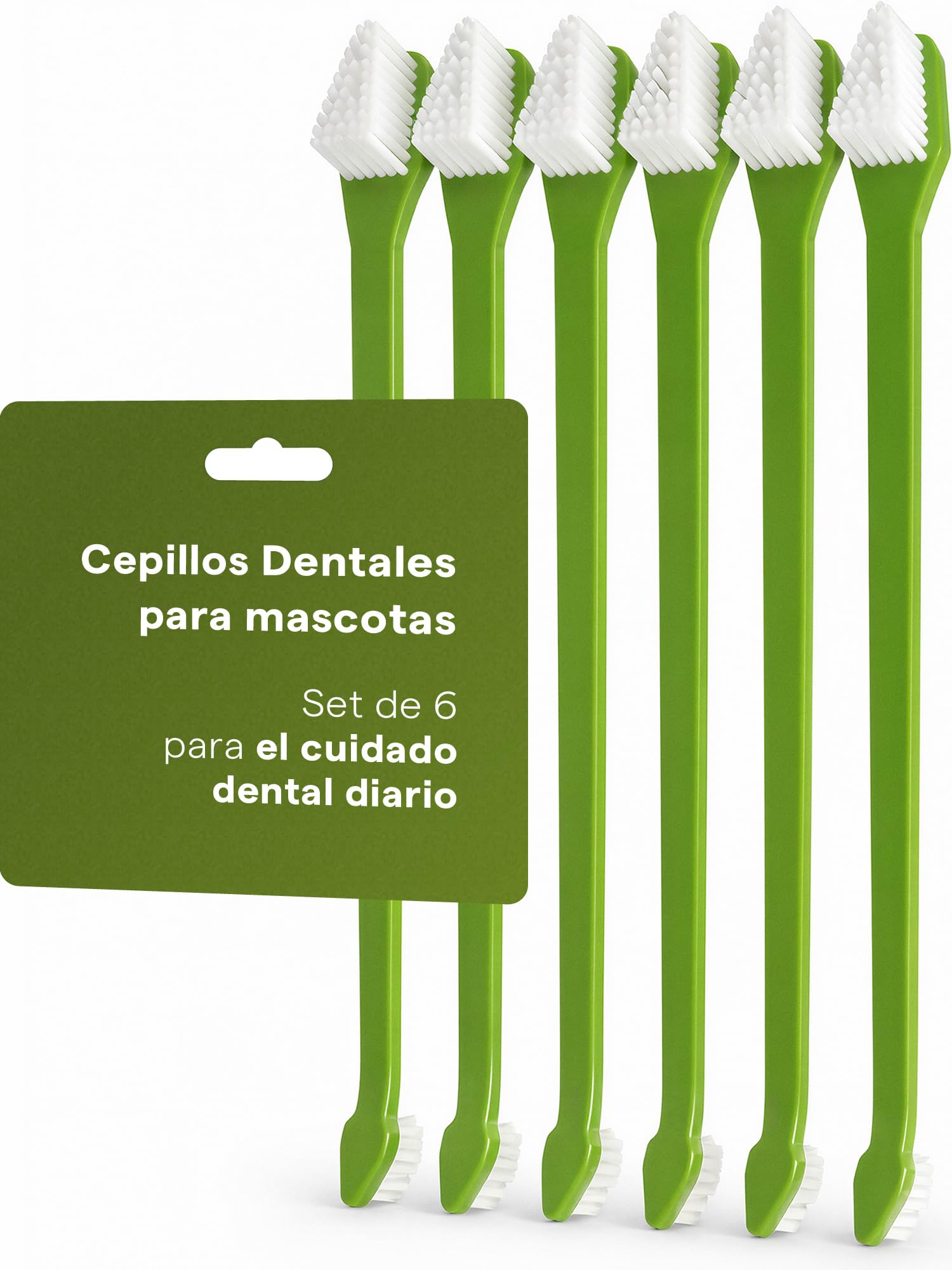 Cepillos Dentales para Perros y Gatos - Set de 6 con Doble Cabezal y Cerdas Suaves - Mango Largo para Limpieza Dental Diaria en Casa - Cepillo Dientes Mascotas Animales Canino - Guía & App