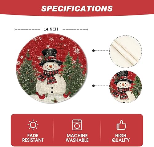 Miniatura 6 de Artoid Mode Juego de 6 manteles individuales redondos de Navidad con diseño de árboles de muñeco de nieve, copos de nieve, manteles individuales