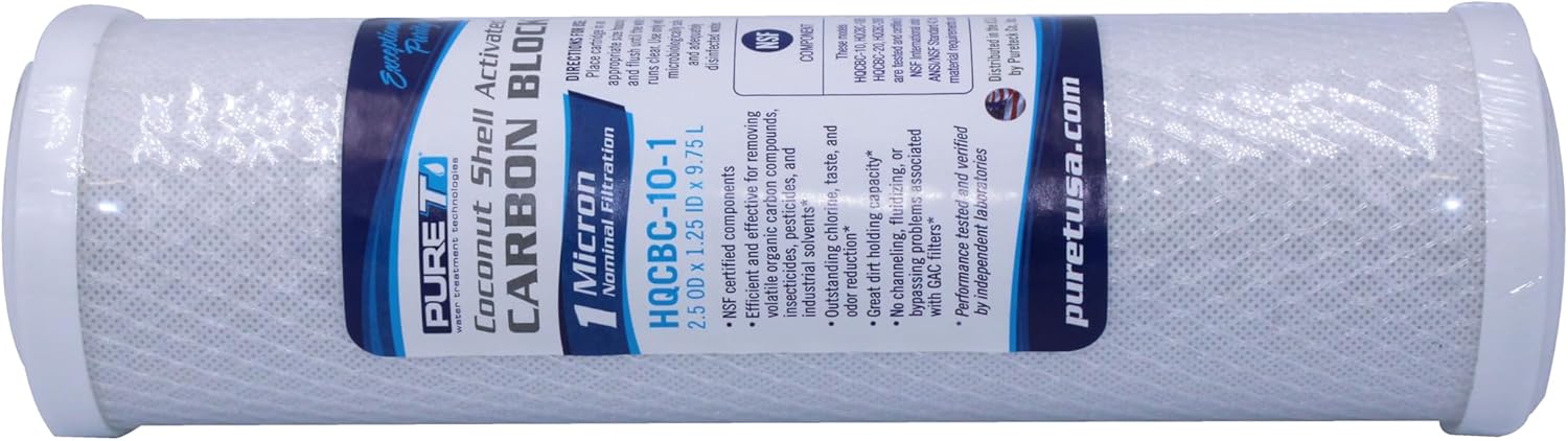 PureT HQCBC-10-1, 10x2.5" Coconut Carbon Block Filter - NSF Certified - Cononut Shell Activated Carbon removes Chlorine, Dirt and More (1 u Micron Rated)