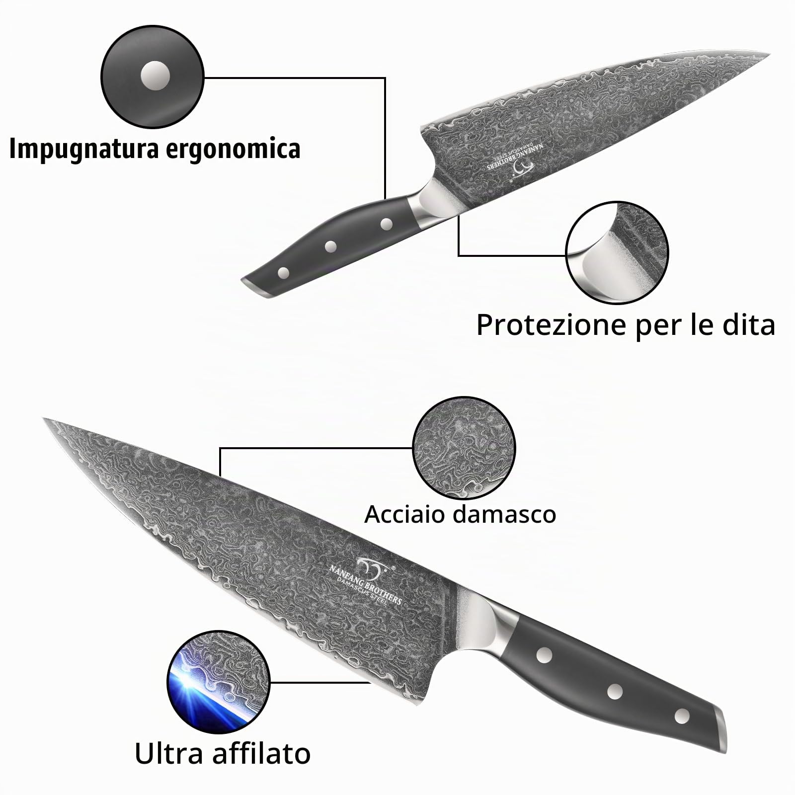 NANFANG BROTHERS Set di coltelli da cucina Damasco 7 pezzi con blocco, manico in ABS antiscivolo, set di coltelli in acciaio inox ultra affilati con blocco, coltello da chef, coltello da pane, ecc