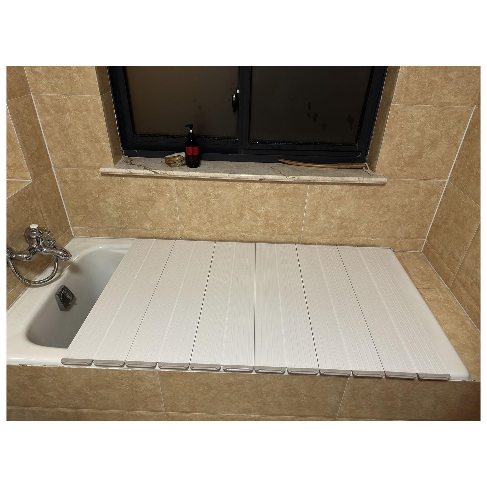 Bandeja plegable de bambú para bañera con tapa de obturador escalable, 1 cm de grosor, resistente al calor, a prueba de polvo, capacidad de carga de 10 kg (110 x 70 x 1 cm)