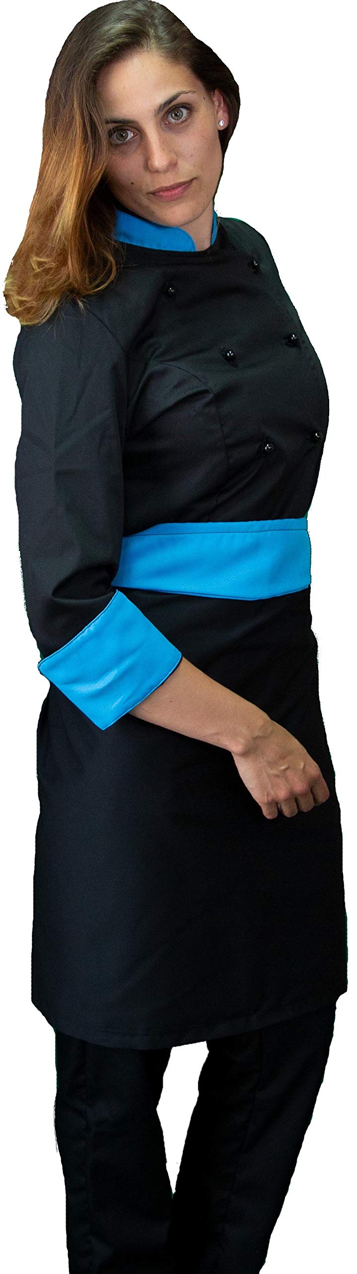 Ricamo Gratuito - Completo Cuoco da Cucina - Nero e Ciano - Divisa Chef Donna - Pantalone, Giacca e Grembiule - Made in Italy