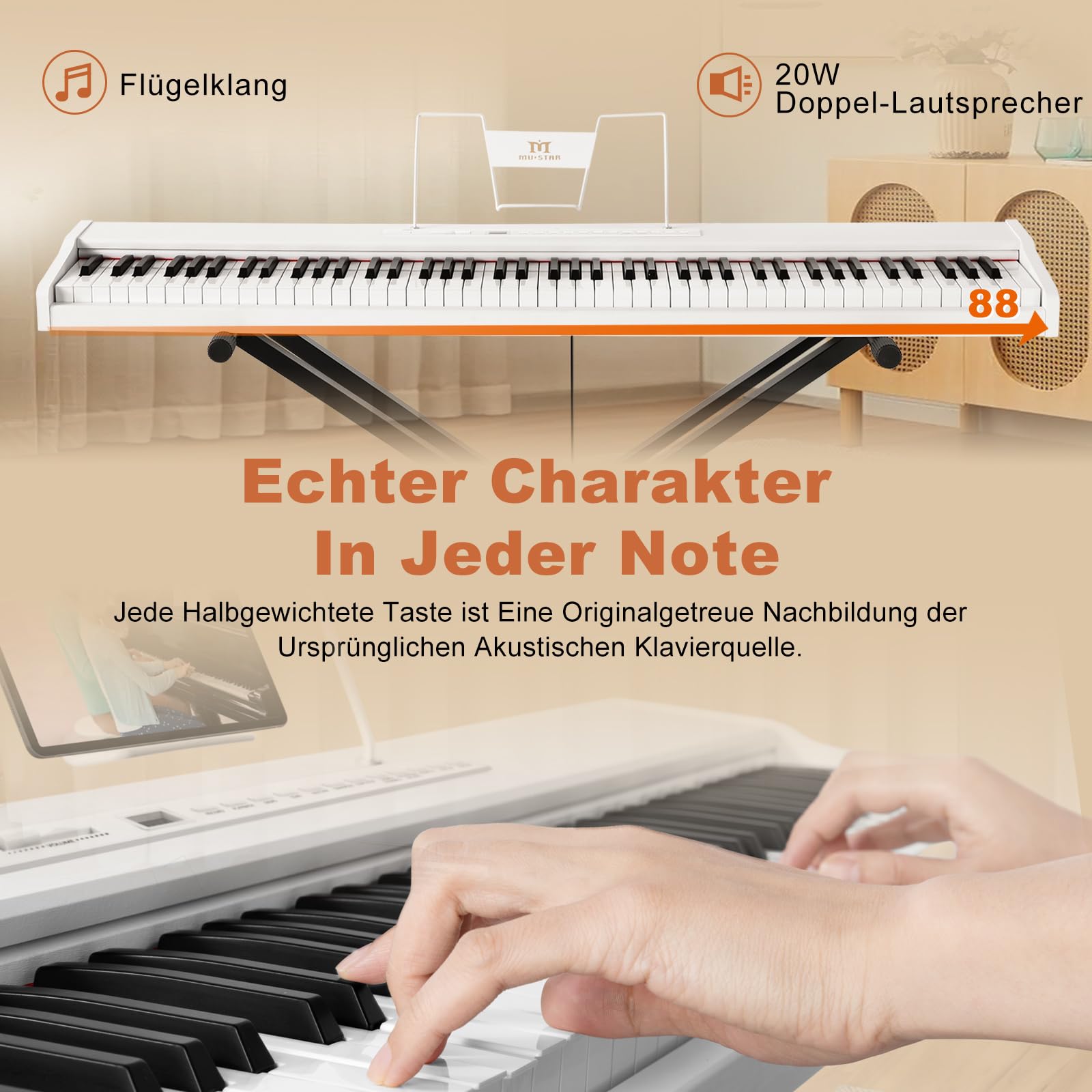 MUSTAR Digital Piano 88 Halbgewichtete Tasten mit Ständer, Volle Größe 88 Tasten Klavier für Anfänger, Tragbares E Piano, mit Kabellose Verbindung, Koffer, Sustain-Pedal, Weiß