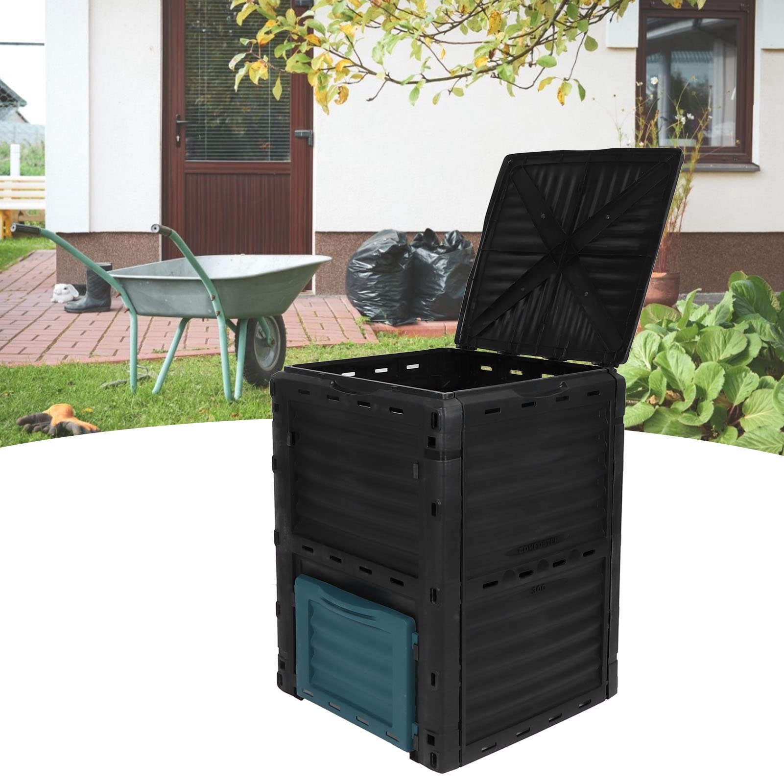 300L Capacity Compost Bin Black Composter Containers Hinged Upper Cover with Vent for Kitchen Garden