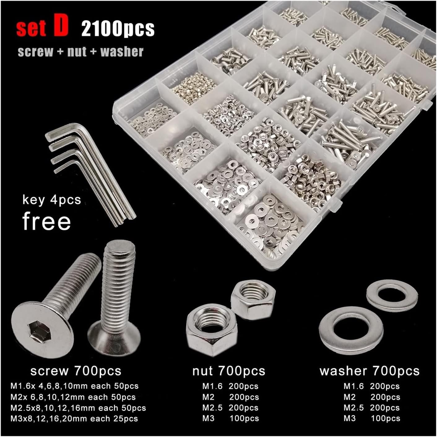 Youngran 400/1140pcs M1.6 M2 M2.5 M3 M4 M5 304 Stainless Steel Hexagon Hex Socket Flat Countersunk Head Screw Bolt Nut Set Assortment Kit Leisurely (Color : Set D 2100pcs)