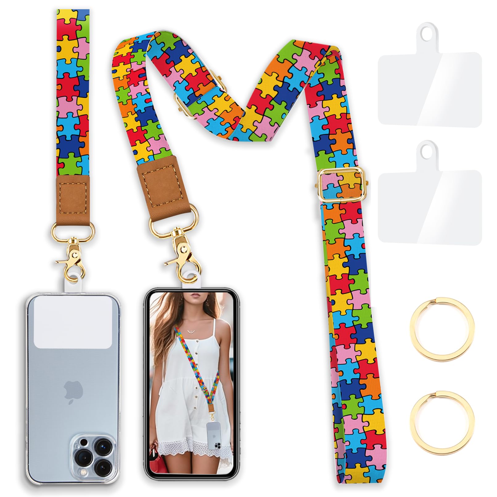 Yonlevres Phone Lanyard Wrist Strap Crossbody, Autism Puzzle Cell Phone Lanyard for around the Neck Wristlet Adjustable Strap Compatible with Most