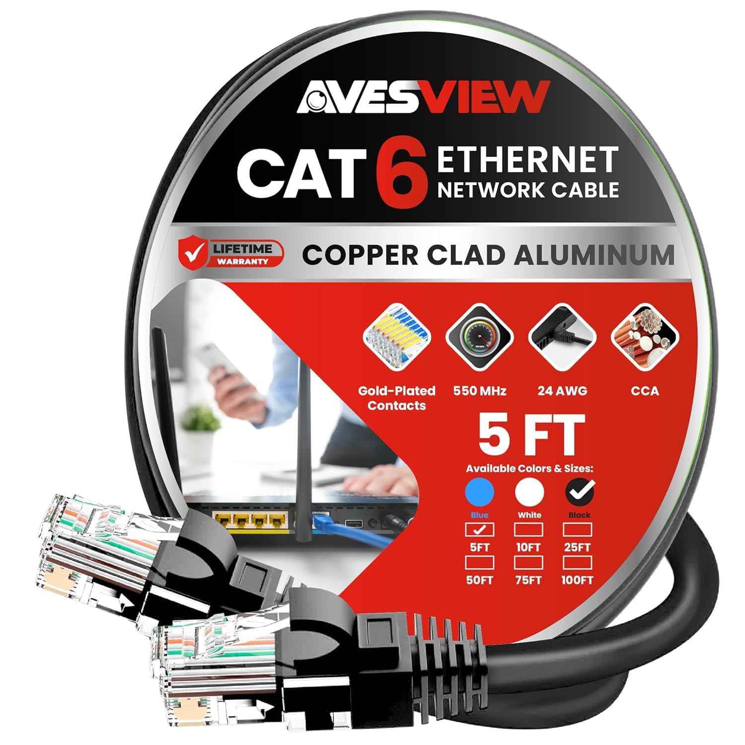 Kabel Ethernet CAT 6 1,5 m, 10 cm, wewnętrzny, szybki kabel Ethernet 10 Gb/s, Snagless CAT6, do Internetu, panelu krosowego, sieci, routera, modemu, gier, PlayStation, Xbox (czarny, 1222)