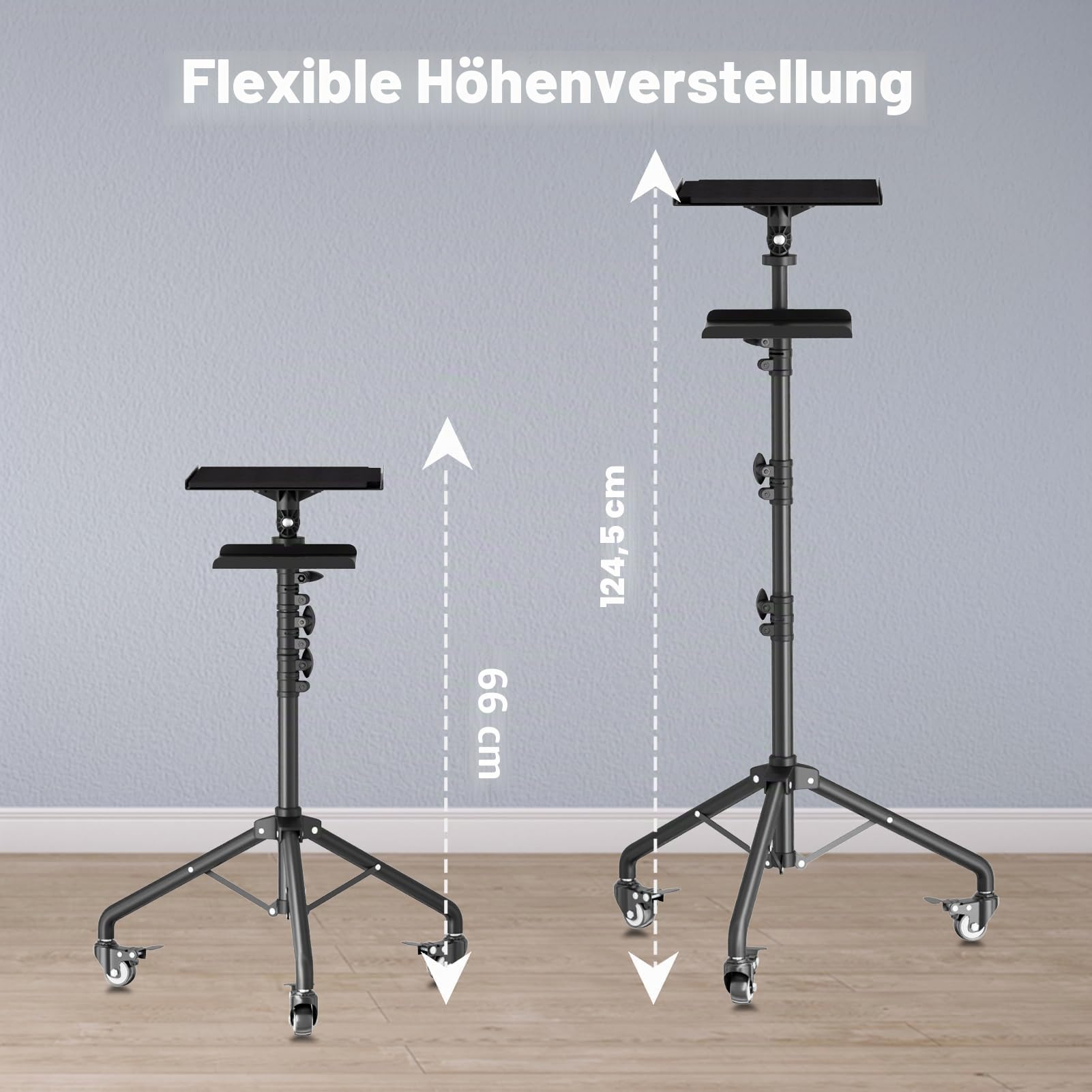Beamer Ständer mit Rädern Multifunktionaler Projektorständer 66-124cm | Laptop Ständer, Höhenverstellbar 66-124cm, Platte und Handyhalterung, Tragbares Beamer Stativ, Büros, Privathaushalte