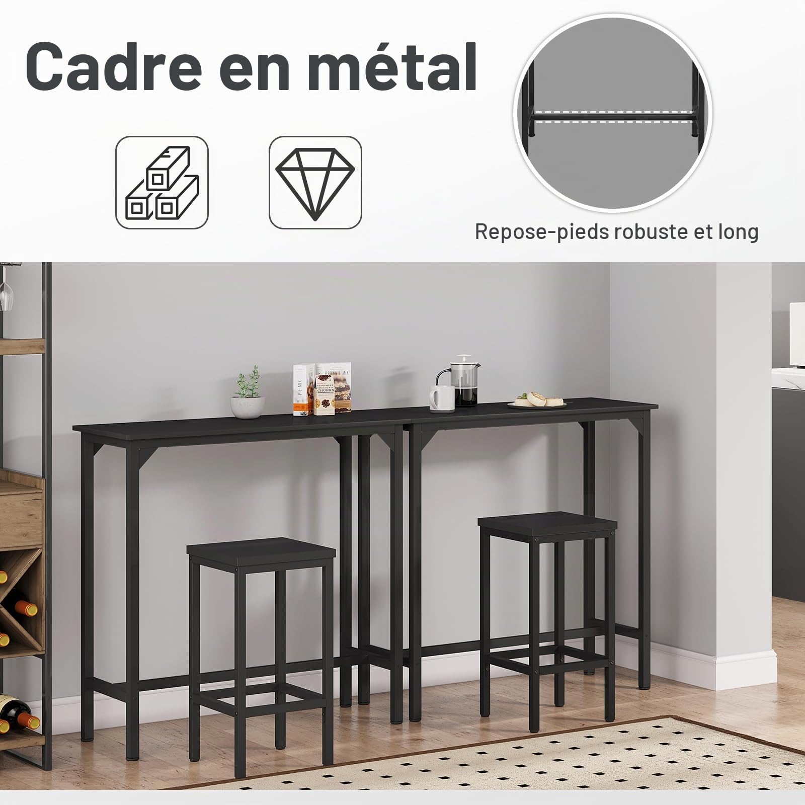EUGAD Table de Bar 100x40x100 cm, Table Haute Étroite Métal & Bois