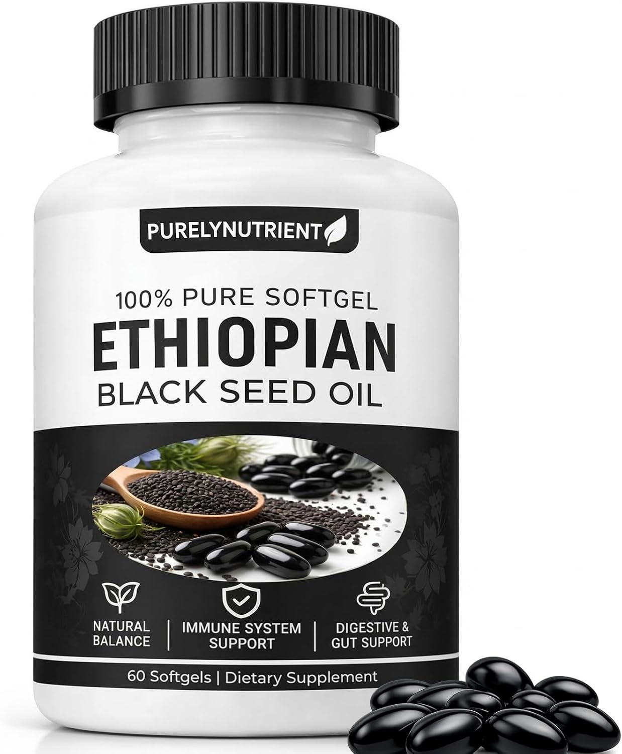 PURELYNUTRIENT Ethiopian Black Seed Oil Capsules with 4.64% Thymoquinone, Immune Support & Digestion & Energy Booster, Non-GMO, Gluten-Free, 60 Count Softgels