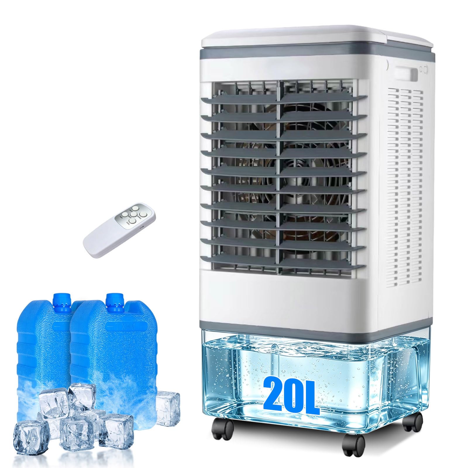 Climatizador Evaporativo 20L con Mando a Distancia y Bloques de Hielo, Ventilador de Agua Portátil, Oscilación de 90°, Temporizador, Enfriador de Aire de Alto Rendimiento para el Hogar