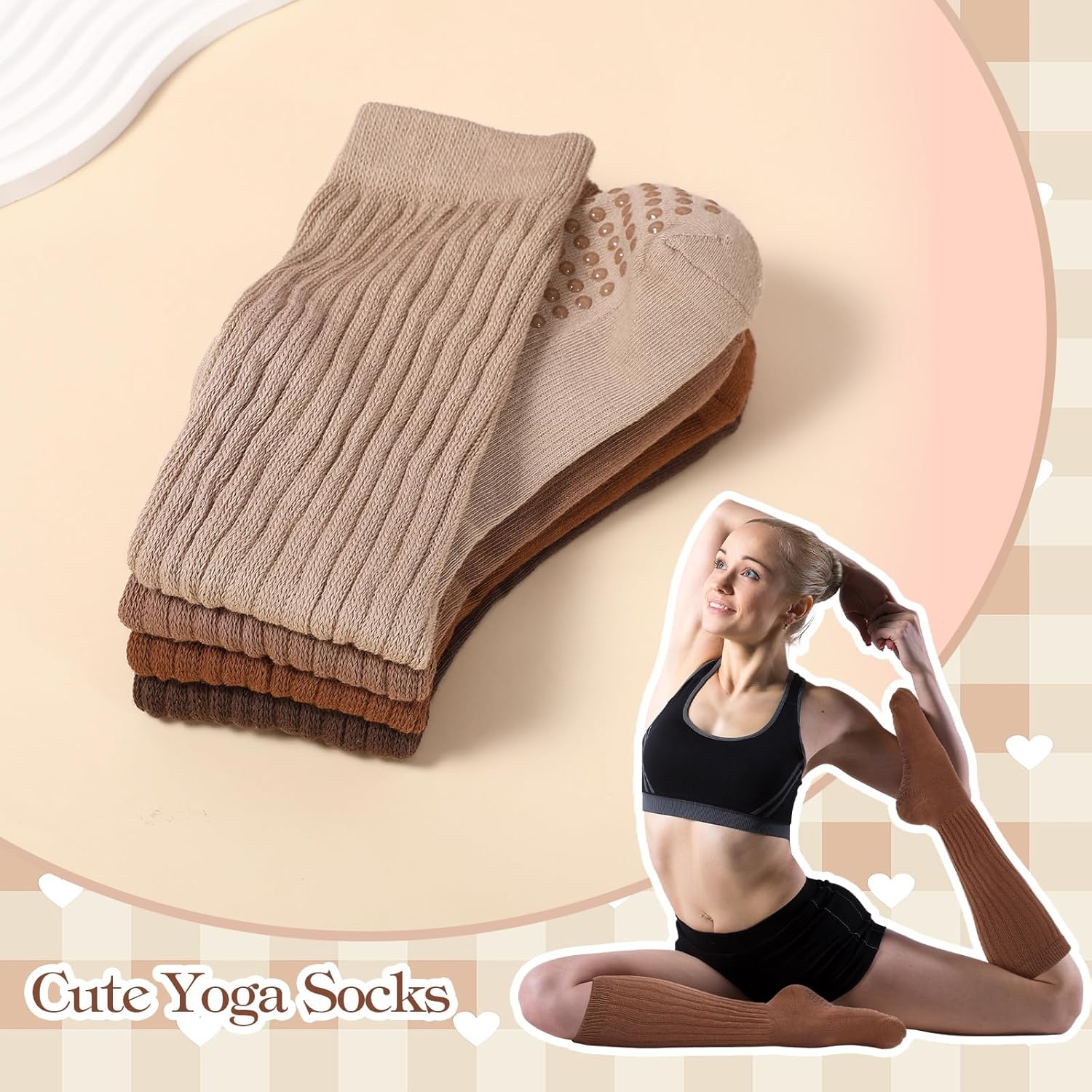 4 Pairs Cute Pilates Sock with Grip, Soft Long Scrunch Non-slip Yoga Slouch Sock for Women Dance Gym Hospital - Image 6