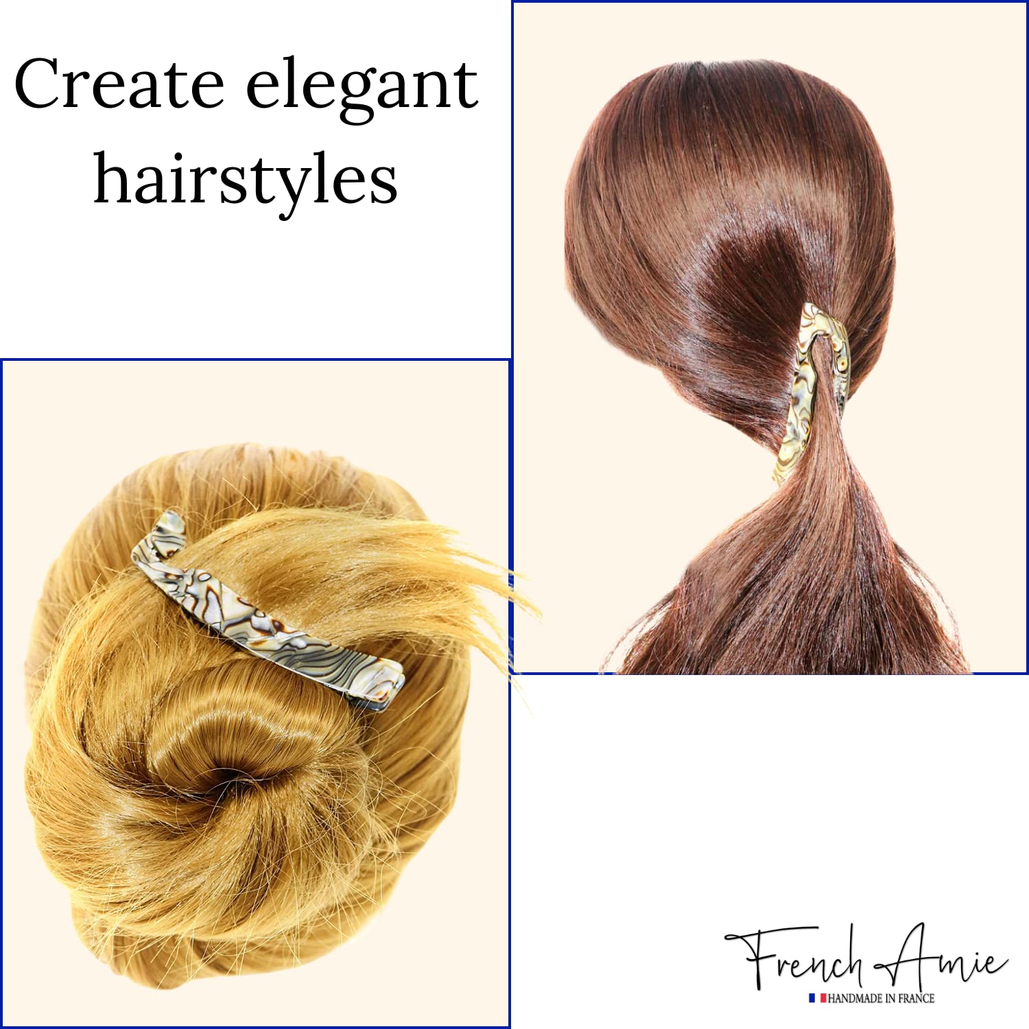 French Amie Elongated Curve Onyx Silver Grey Handmade 4 inch Celluloid Acetate Large Banana Hair Clip for Ponytail Women Hair Accessories, Made in France