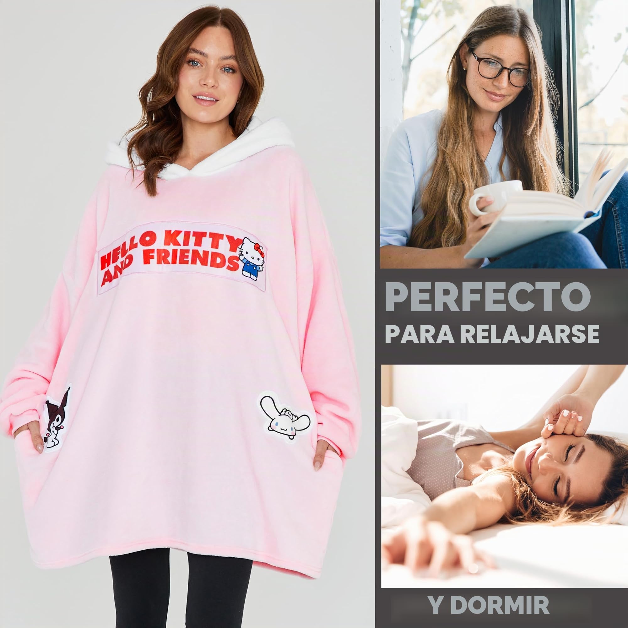Hello Kitty Sanrio Sudadera Oversize Mujer y Adolescentes, Batamanta Polar con Capucha y Bolsillos, Ropa de Casa Regalo Mujer