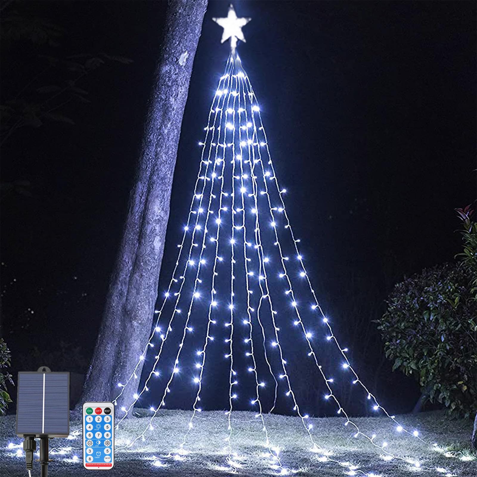 Solar Powered String Lights Waterproof Garden Lights, 2m/6.5ft x 9 Strand 8 Modes Waterfall Tree Lights with Remote, Solar Fairy Lights Outdoor Garden String for Garden, Xmas, Party, Wedding Decor