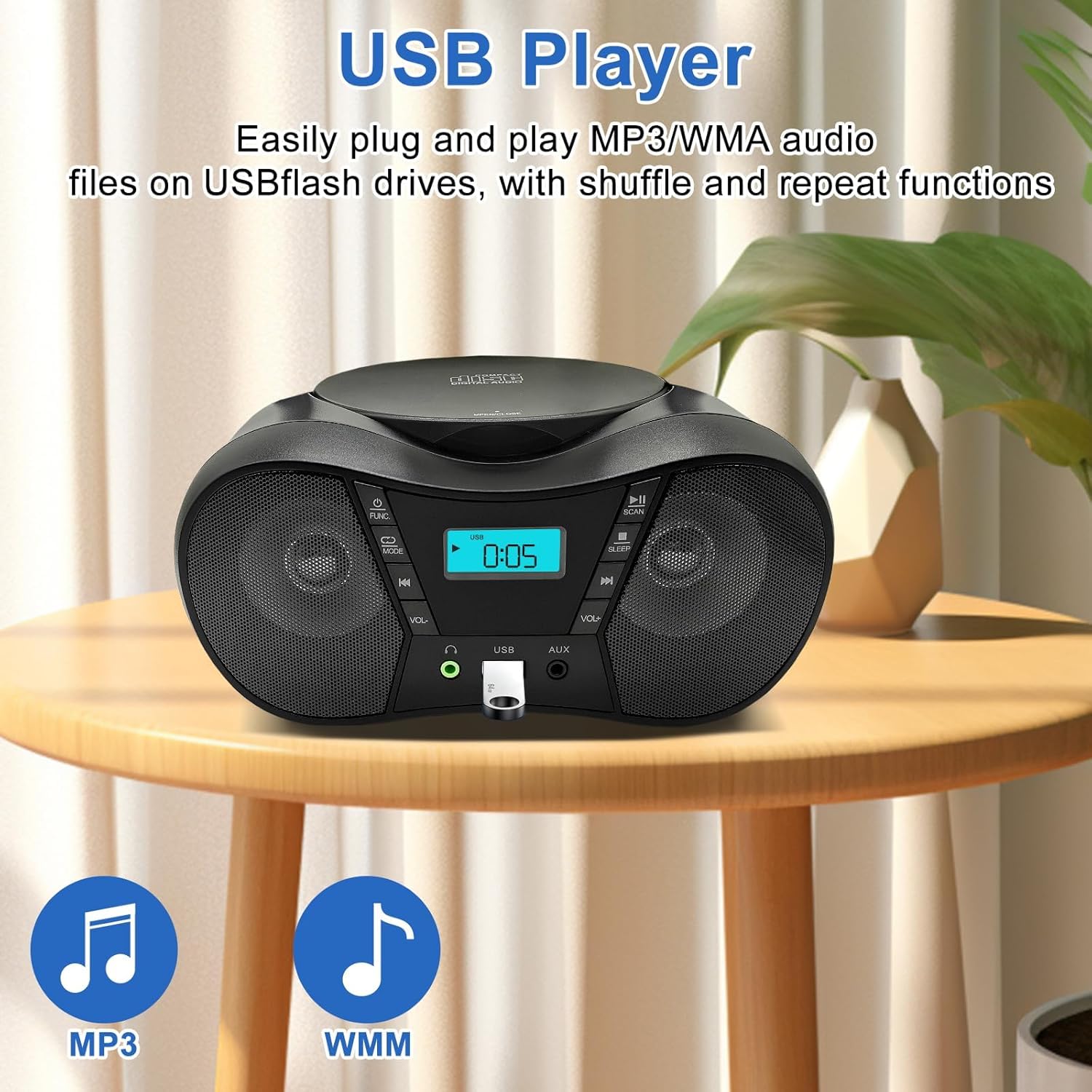 Tragbarer CD-Player Boombox mit FM-Radio, Bluetooth-Lautsprecher, AC/Batteriebetrieben, unterstützt CD/CD-R/RW/USB/BT/AUX, LCD-Display, Kopfhöreranschluss, Geschenke für Eltern (Schwarz)