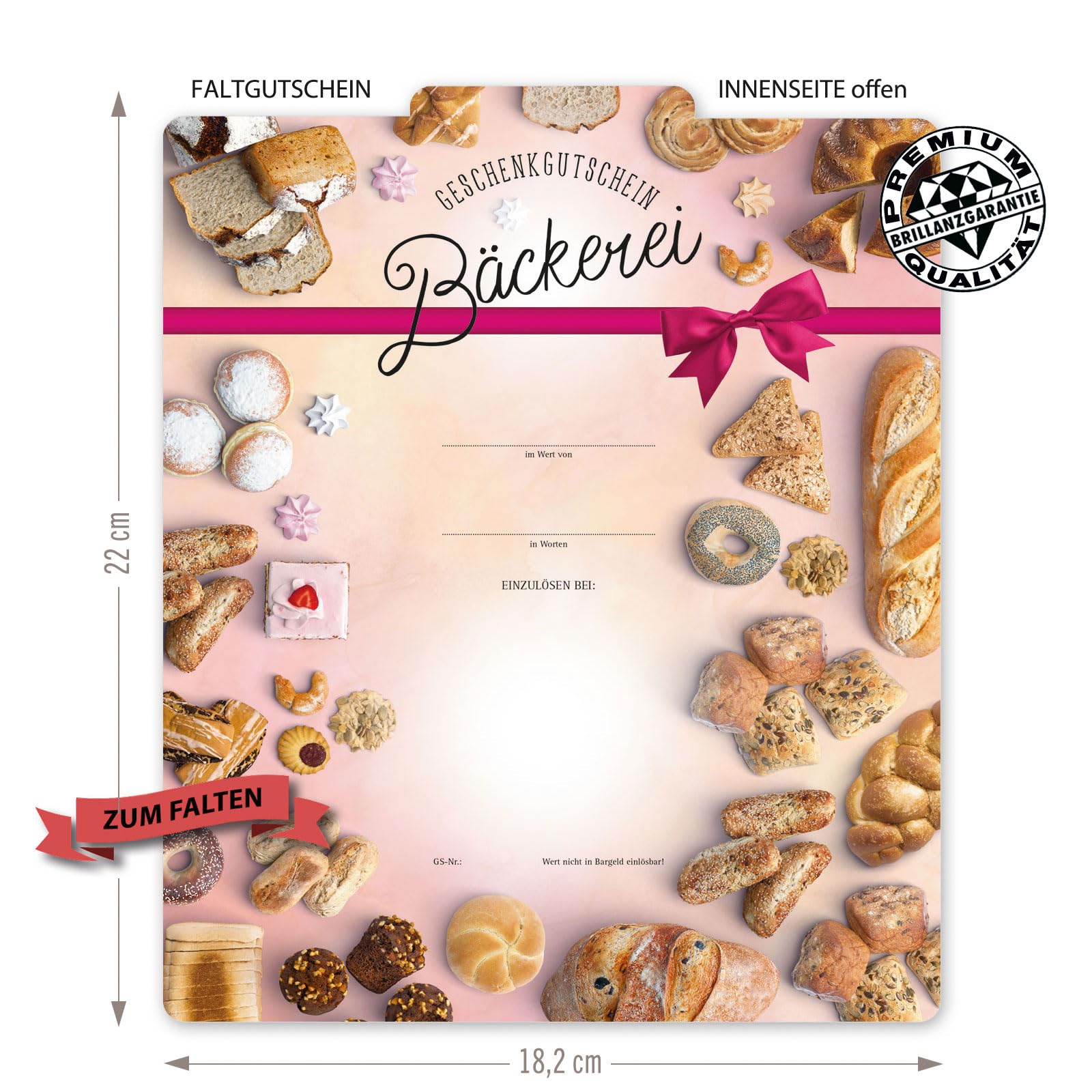 GESCHENKGUTSCHEINcom - 50 Gutscheine blanko faltbar mit Umschlag für Bäckerei Konditorei Gebäck Firmen Gewerbe - Vordruck/Formular S218-1-50