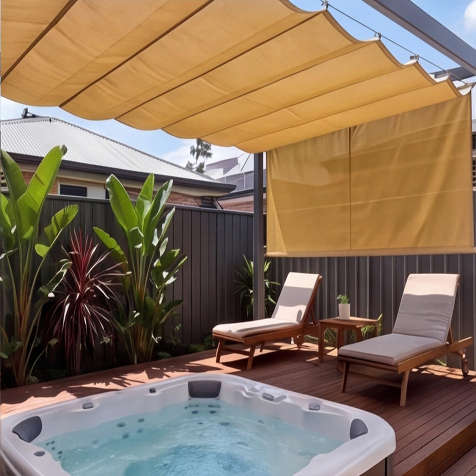 Einziehbare Welle Sonnensegel 370 x 500 cm HDPE Markise Maßgeschneidert Uv-Schutz Sonnenschutz Wasserdicht Sonnenschutz für Terrasse, Pergola, Garten, Golden