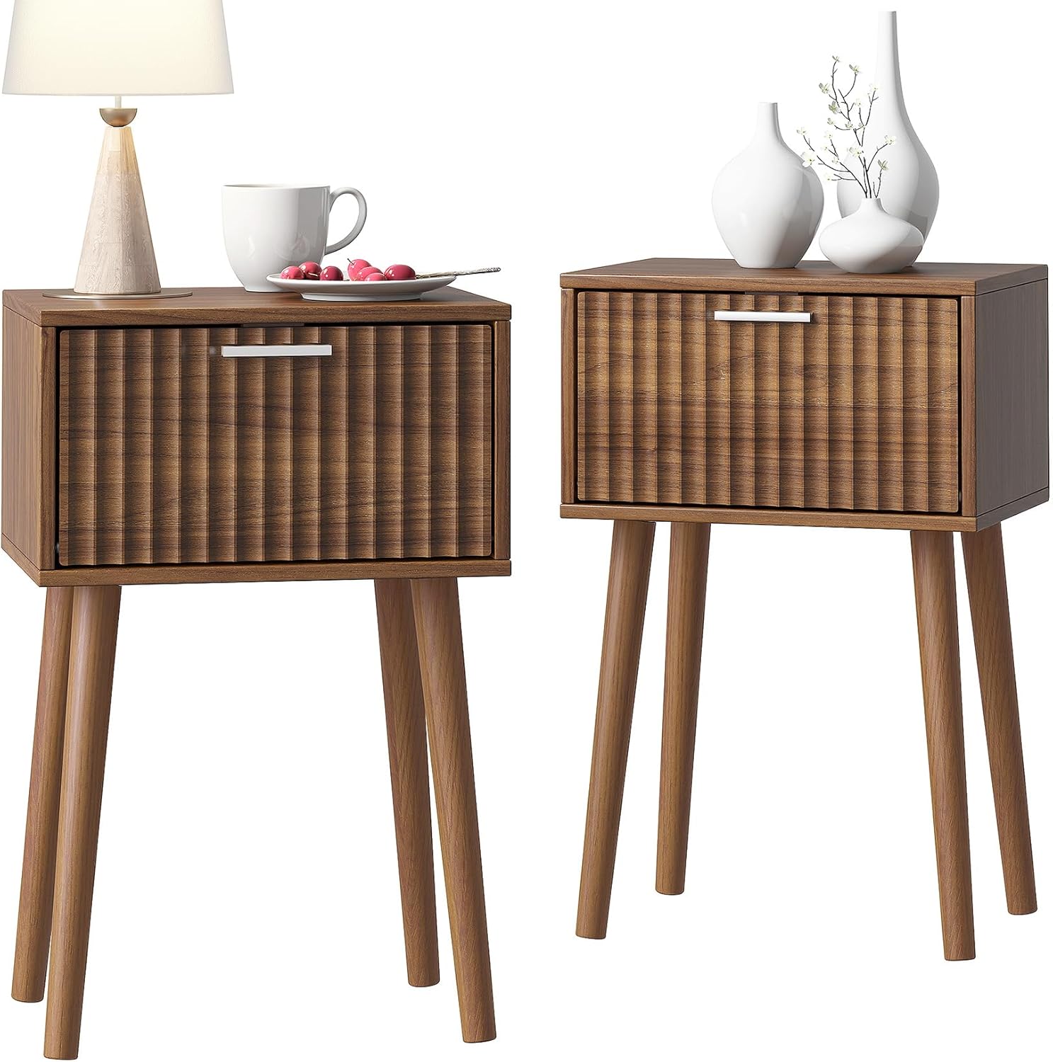 LAATOOREE Nightstands Set of 2, Small Fluted Side Table, Bedside Table with Solid Wood Feet; Modern Mid-Century End Table for Bedroom, Small Space Rustic Brown Fluted Style