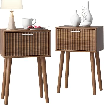 LAATOOREE Nightstands Set of 2, Small Bed Side Table with Fluted Door | with Solid Wood Feet; Modern Mid-Century End Table for Bedroom, Small Space