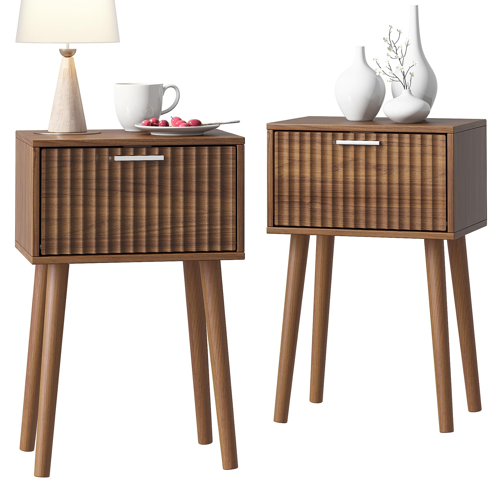 Photo 1 of LAATOOREE Nightstands Set of 2, Small Fluted Side Table, Bedside Table with Solid Wood Feet; Modern Mid-Century End Table for Bedroom, Small Space
