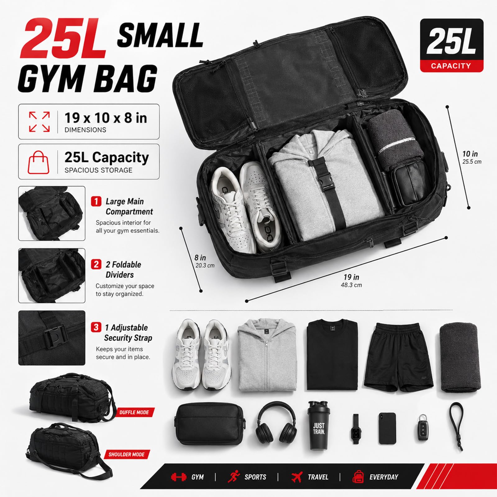 Miramrax Gym-Tasche Duffle-Taschen Rucksack - Reise-Wochenendtasche für Männer Frauen Trainingstasche für Militär, Sport, Übernachtung, Basketball, taktisch, Fußball, wasserdicht & reißfest, Schwarz