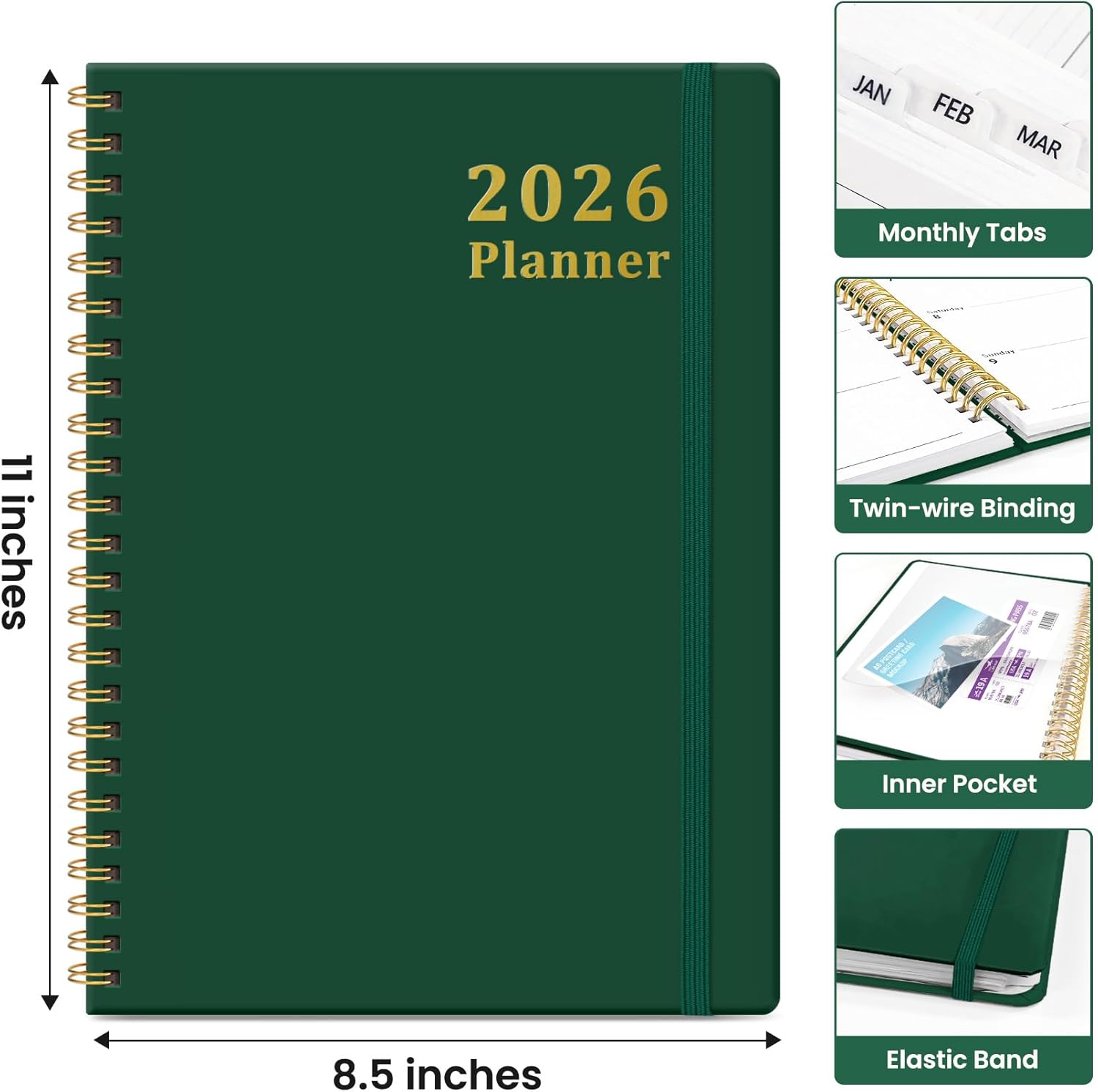 2026 Planner, Weekly and Monthly Calendar Planner, January 2026 - December 2026, Hardcover 2026 Calendar Book with Tabs For Women & Men, Inner Pocket, Spiral Bound, Perfect for Office Home School Supplies - A4 (8.5" x 11"), Dark Green - Image 4