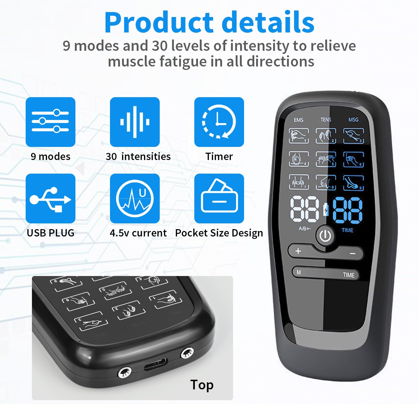 Electrostimulateur Musculaire, TENS/EMS/Massage Electrostimulateur, 2 Canaux avec 9 Modes de Massage et 30 Vitesses Réglables,Muscle Stimulator avec 12 Patchs, Appareil Portable Thérapie Anti-Douleur