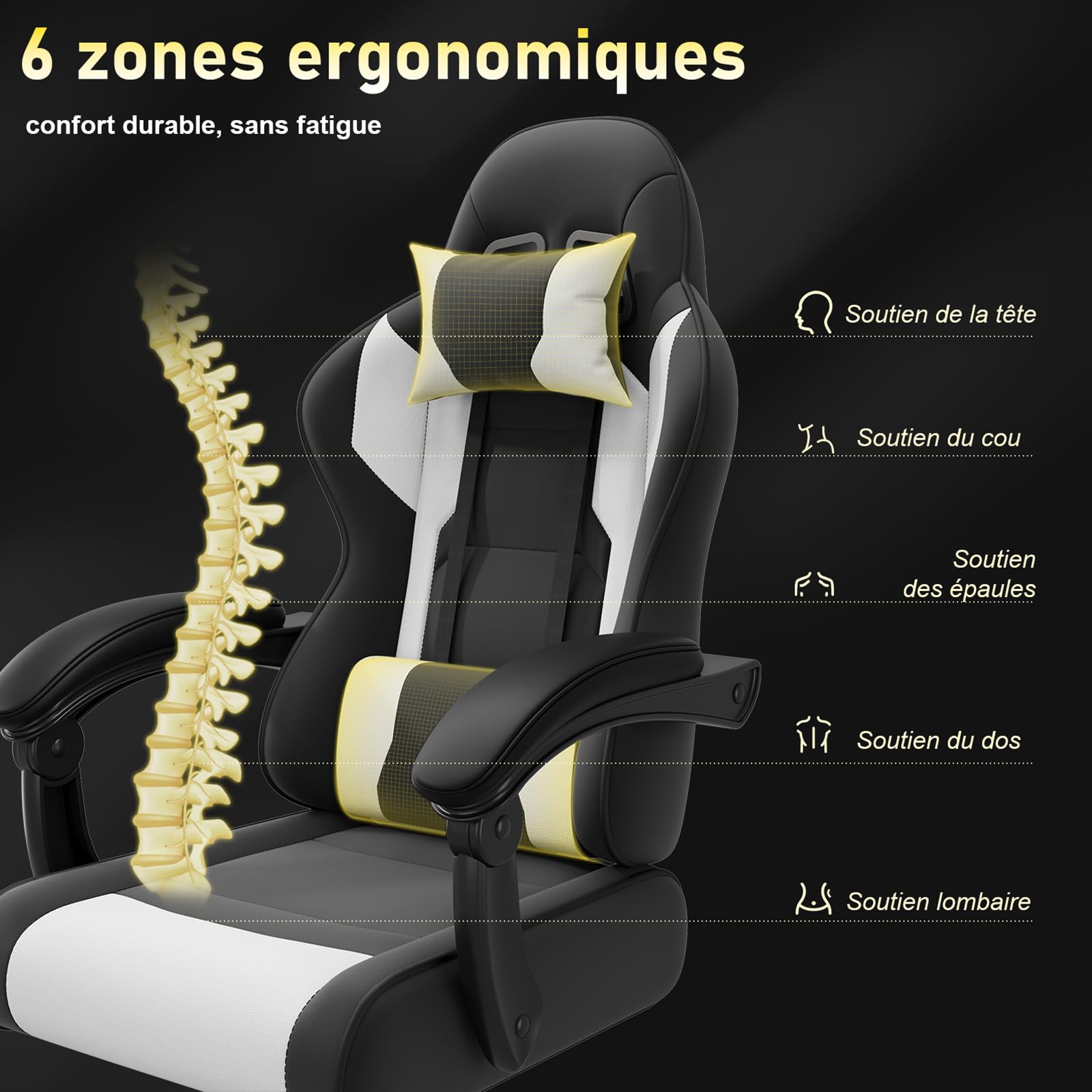 JUMMICO Chaise Gaming avec Massage Lombaire, Chaise Bureau Ergonomique avec Dossier Inclinable, Fauteuil Gaming avec Assise Douce et Résistante, Idéale pour Jeux et Boulot, Blanc
