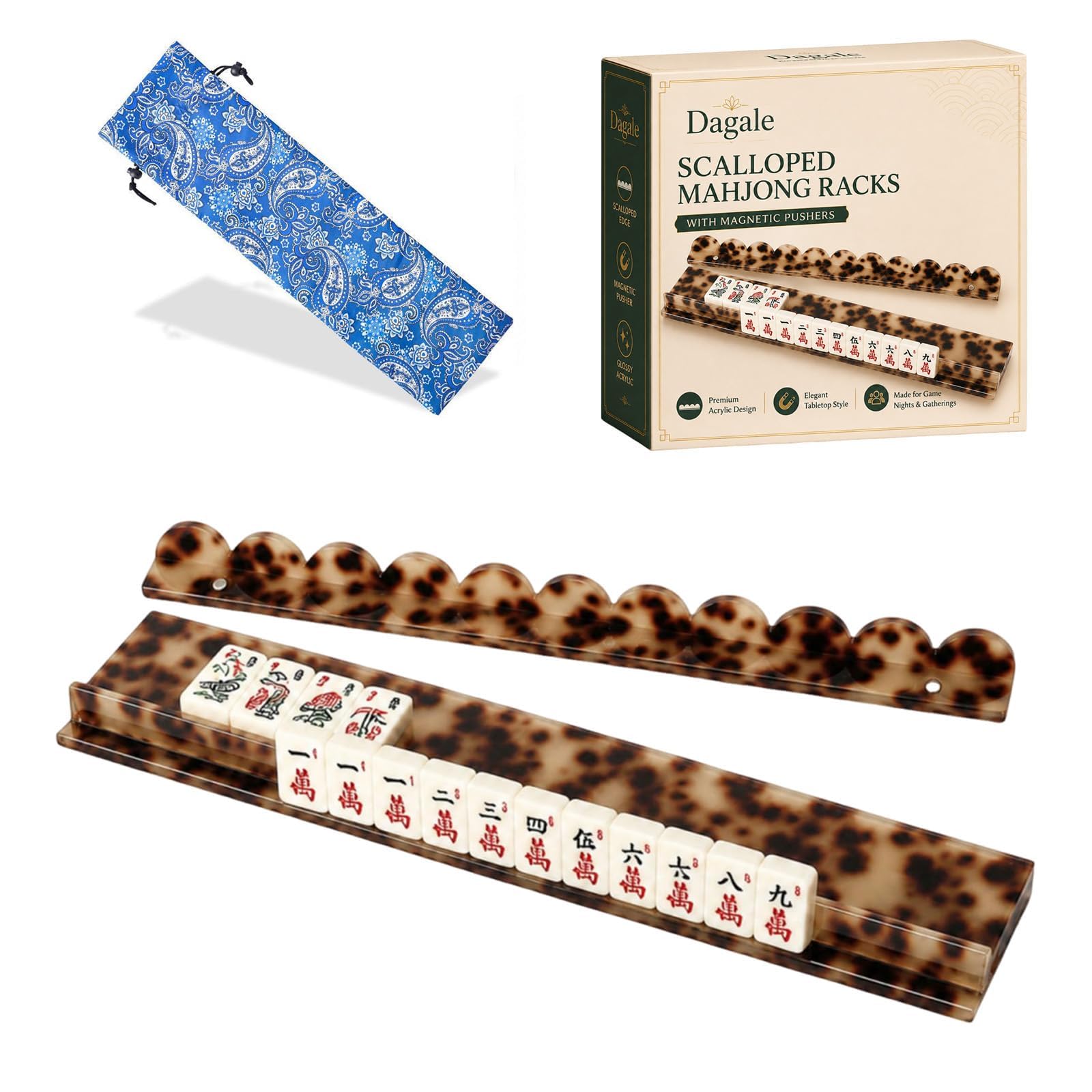 Scalloped Mahjong Racks with Magnetic Pushers, Acrylic, Tortoise and Shell Style, Set of 4, Two Size Options 44.5 cm/50.8 cm, for American Mahjong (1 Pcs Beige Tortoise, 17.5") โ image 1