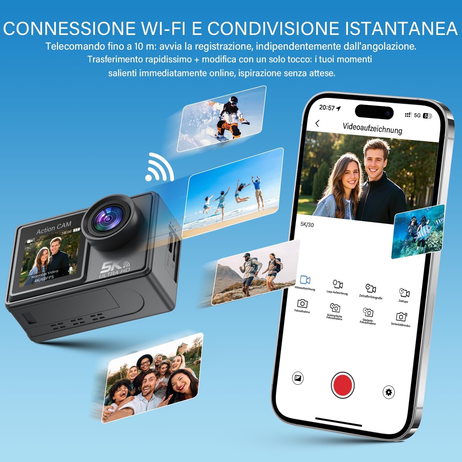 Action Cam 5K/4K 60FPS, 50MP Unterwasserkamera 30M wasserdichte Action Kamera mit 64GB SD Karte, EIS, Dual Screen, WiFi, 170° Ultra-Weitwinkel, Helmkamera für Motorrad, Schnorcheln, Fahrrad