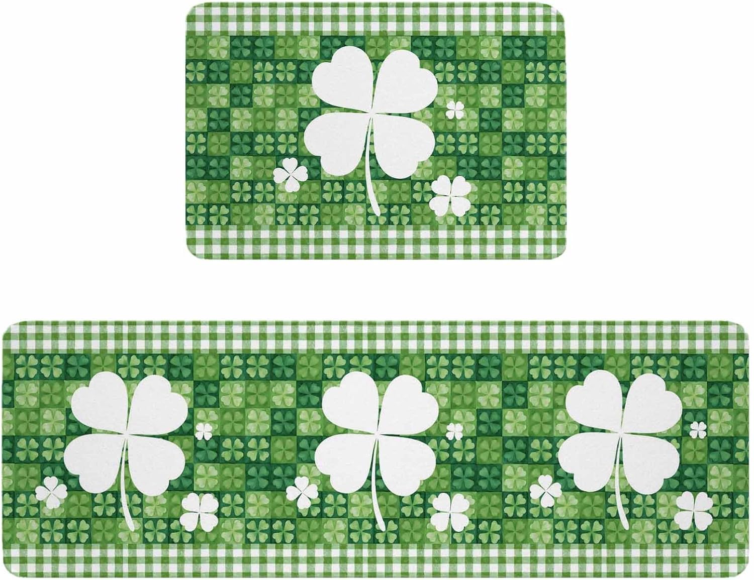 St Patrick's Day Kitchen Rugs and Mats Set of 2, Non-Slip Kitchen Sink Mat, Spring Shamrock Botanical Green Plaid Washable Doormat Bathroom Rugs Runner for Bedroom/Living Room 19.7"x31.5"+19.7"x63"