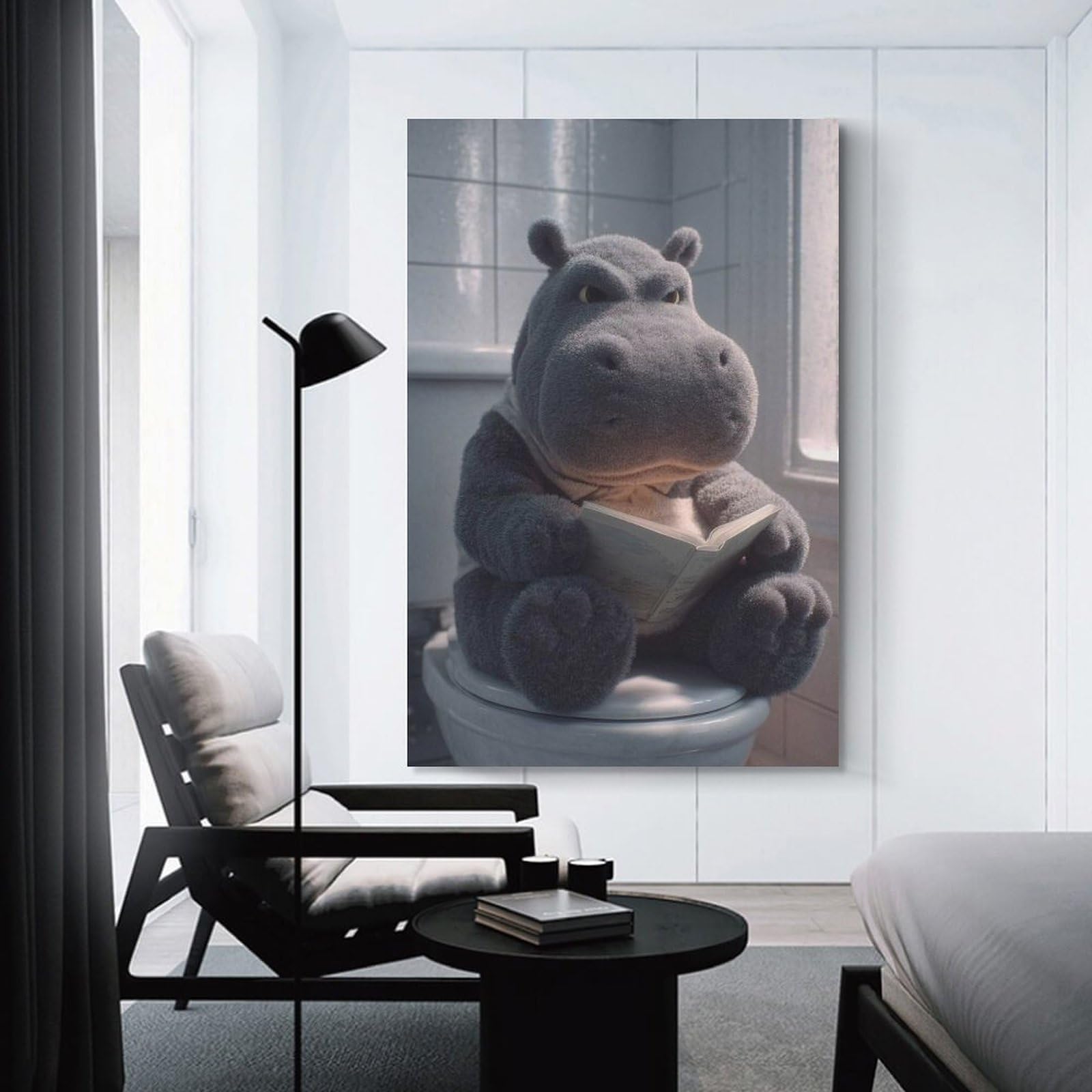Junmoney Unframe-Style-14-1 Hippo Reading On A Toilet Decorative Canvas Print, 12X18inch(30X45cm), For Gallery Wall Decor And Room Displays, Wall Decor Suited To Curated Displays