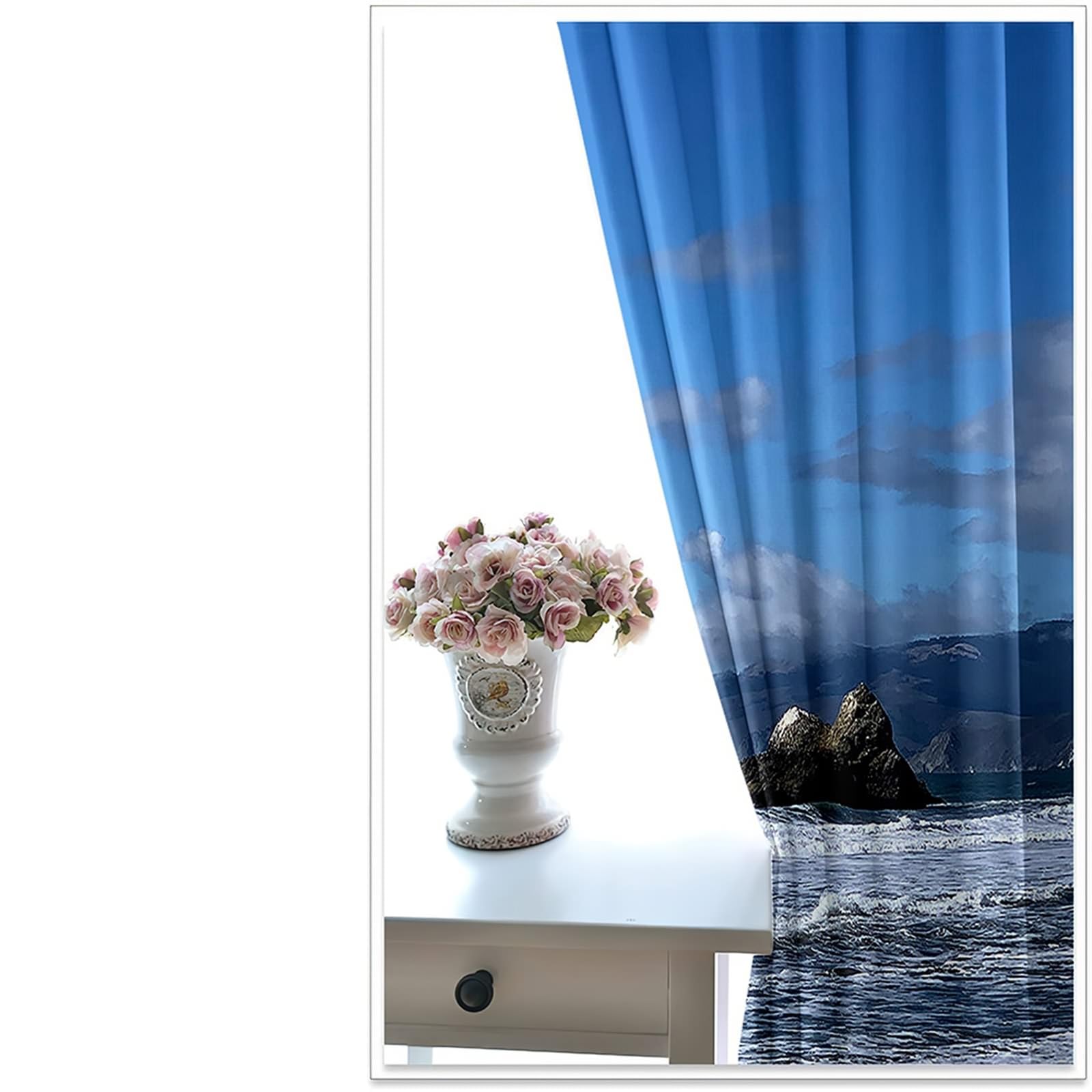 Tenda Finestra Oscurante, Paesaggio oceanico Tende per Camera da Letto Soggiorno Oscurante Tenda Oscurante Termoisolata, Blu Grigio, 214x244cm