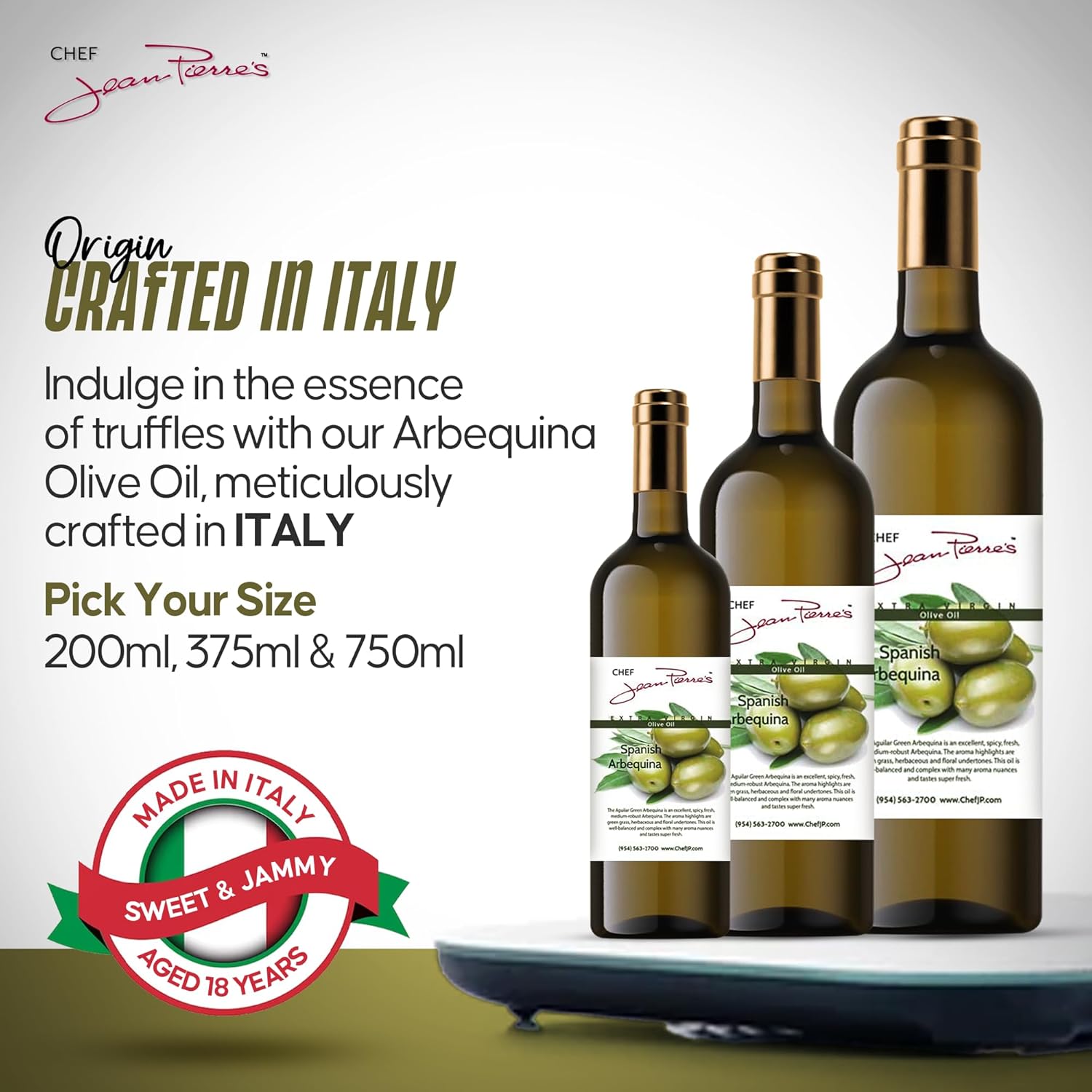 Chef Jean Pierre's Cold Pressed Extra Virgin Arbequina Olive Oil - 375ml (12.5oz) Glass Bottle - Naturally Infused with Sweet and Tangy Flavors