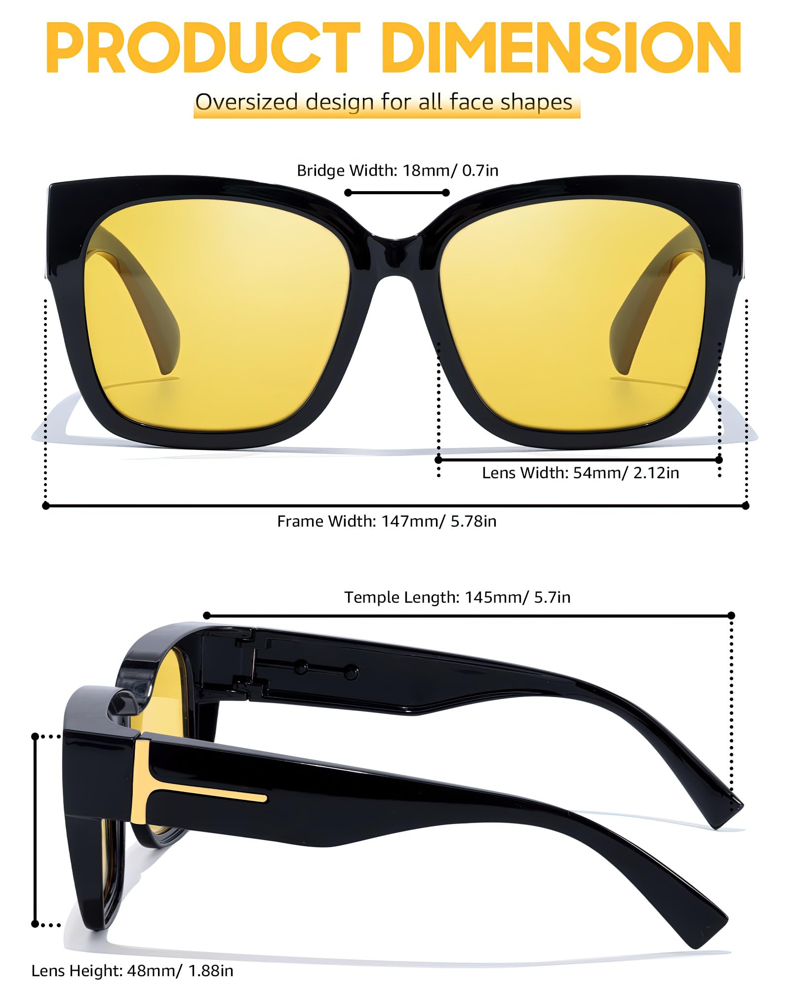 SIPHEW Polarisiert nachtfahrbrille für Brillenträger - Große Überbrille mit gelben Gläsern für Autofahrer: Überzieh-Nachtsichtbrille für Fahren bei Nacht und Tag UV400 Schutz