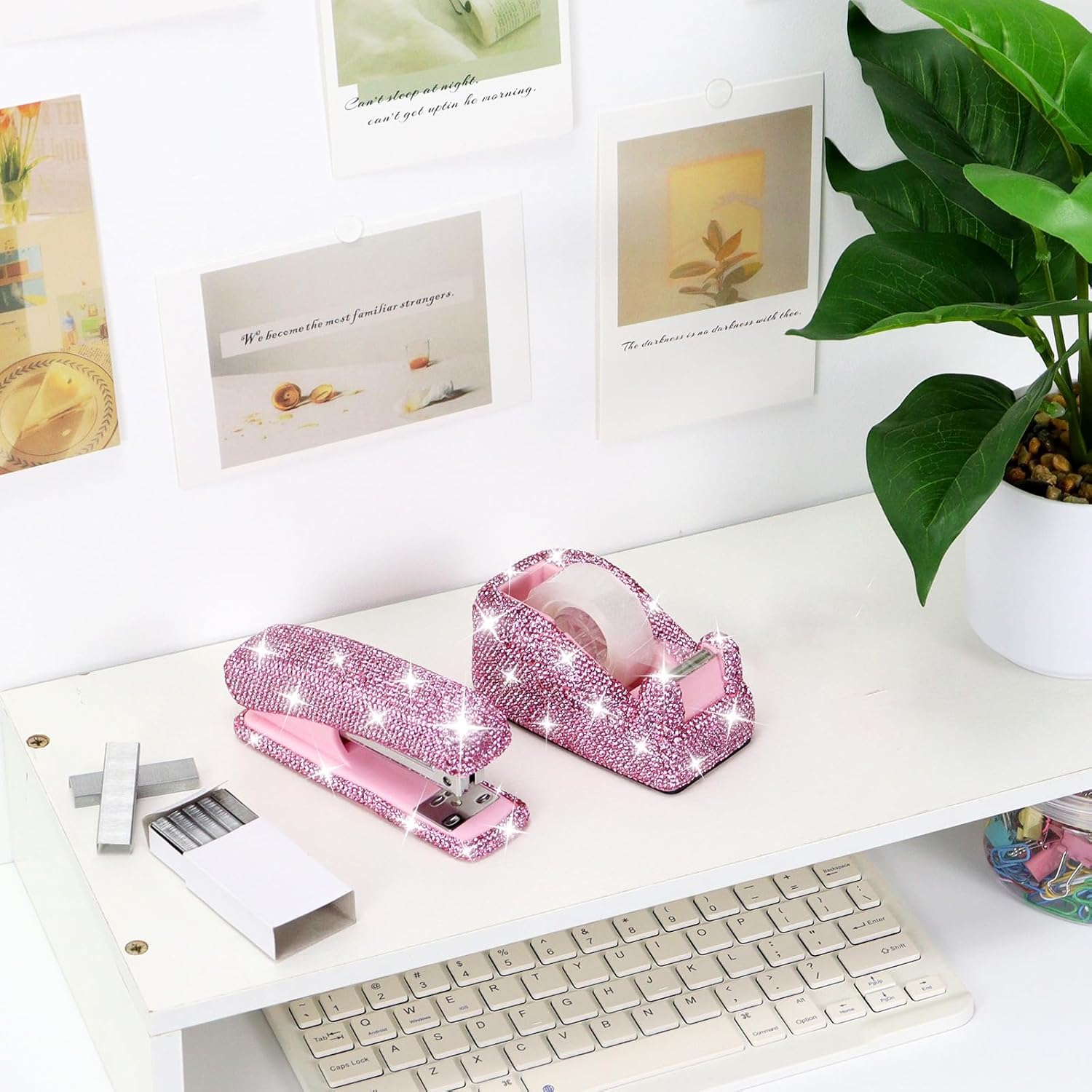 MultiBey Rhinestone Stapler and Tape Dispenser Set - Bling Crystal Handmade Pink Stapler and Tape Holder with 1000 Staples & Tape, Pretty Office Stationery Kit Desk Accessories for Women Lady (Pink)