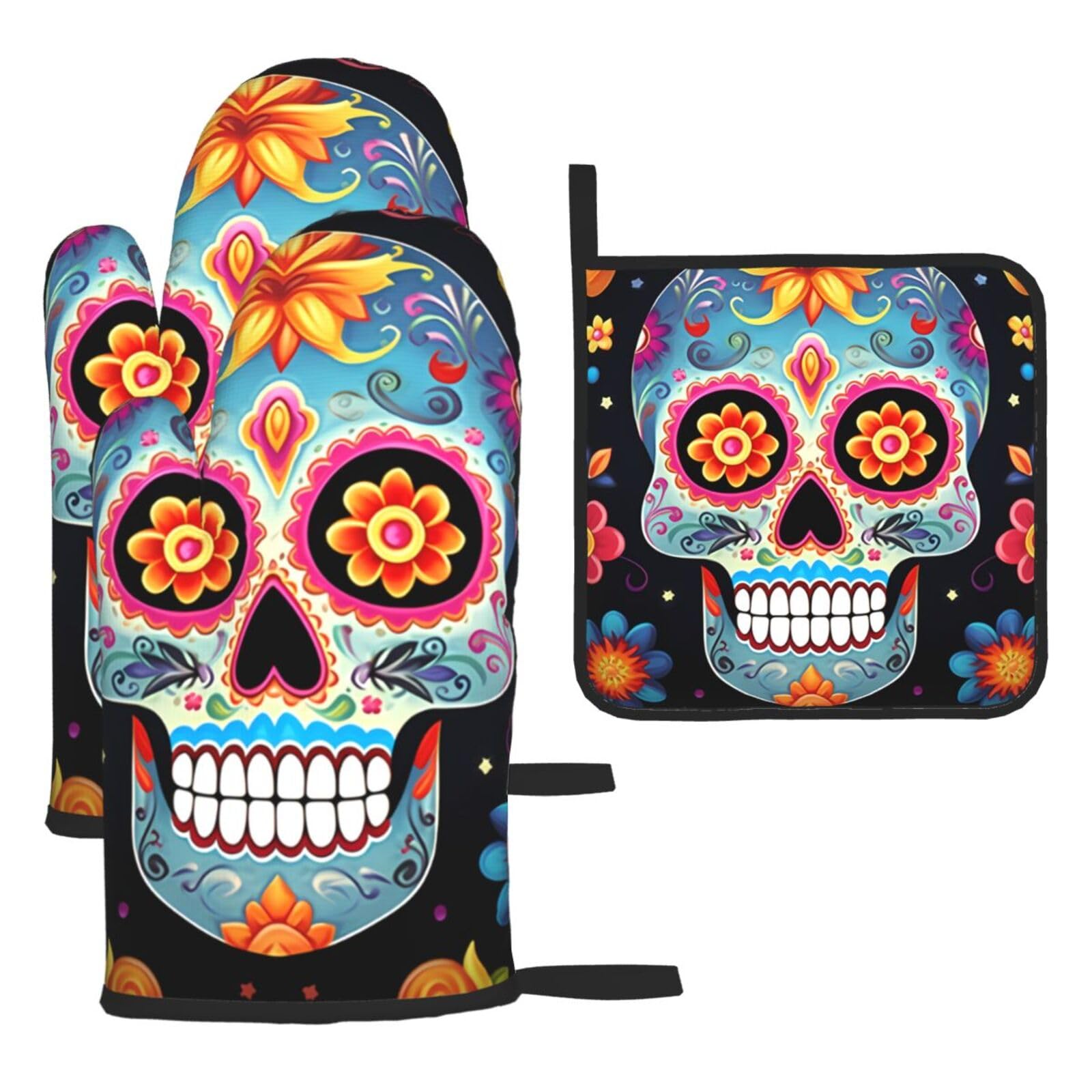 3 Piece Oven Mitts and Pot Holders Set Heat Resistant Oven Gloves and Potholders BBQ Gloves Hot Pads Sugar Skulls Cooking Gloves for Kitchen Baking Grilling