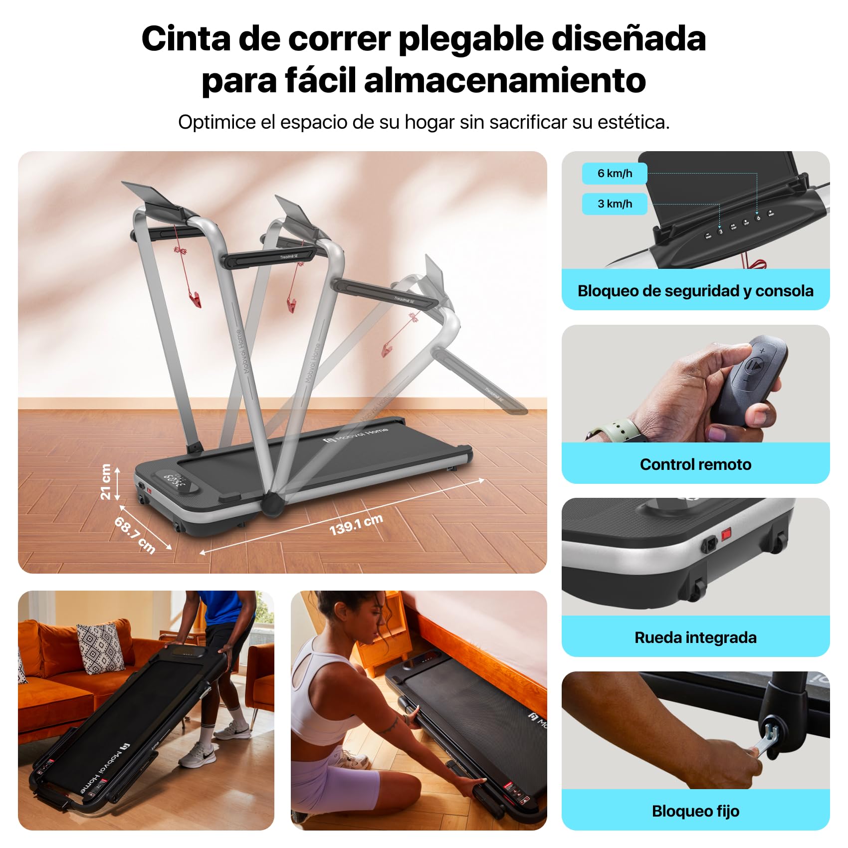 Mobvoi Home Treadmill SE Smart AI con TicSports App Cinta De Correr Plegable 3 En 1 2.5 HP Compact Portable Under Desk con Control Remoto Pantalla LED para El Hogar Y La Oficina 120KG 12 KM/H