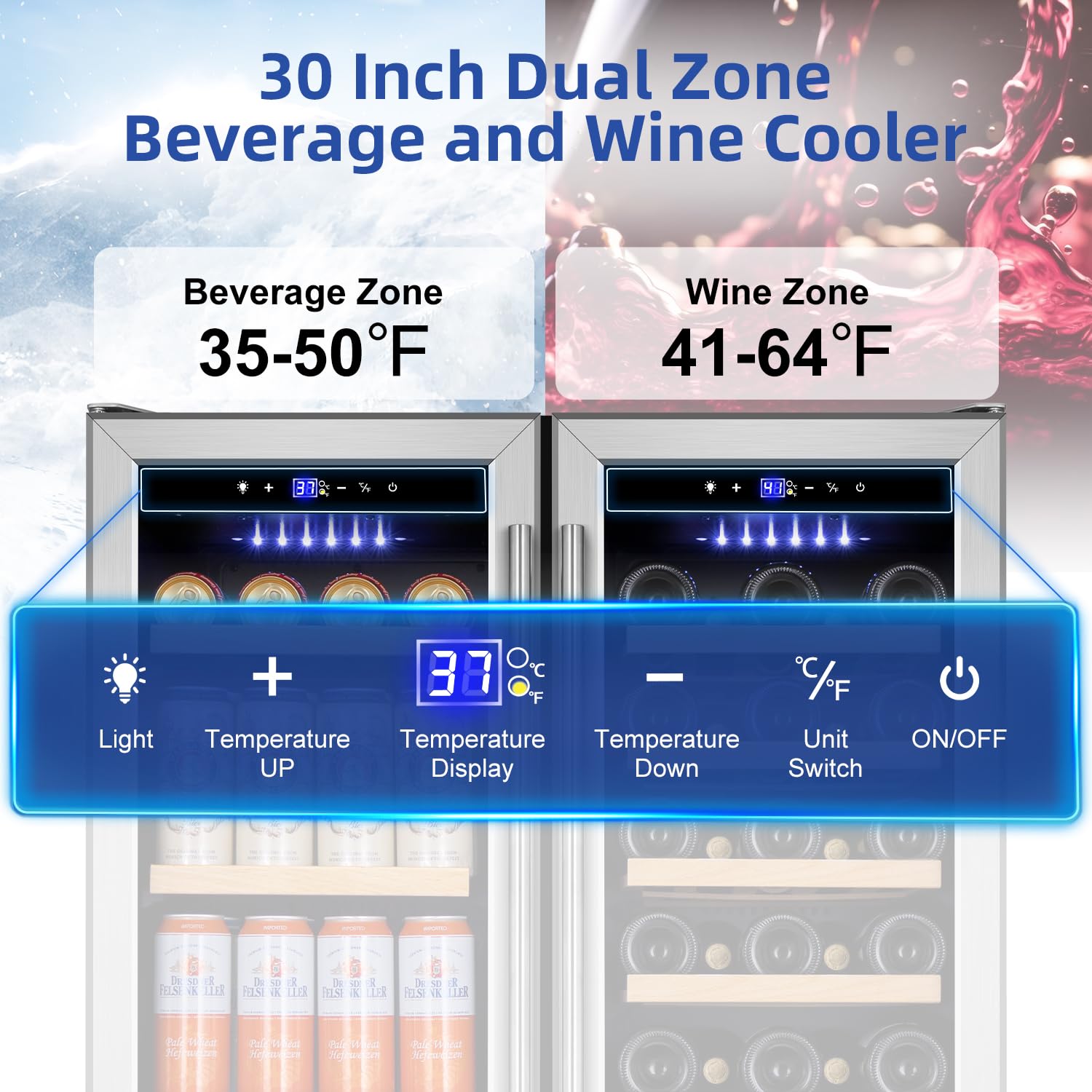 Tylza 30 Inch Wine And Beverage Refrigerator, Dual Zone Wine Beverage Cooler 30" With French Door, Under Counter Wine Beer Fridge Built-In Or Freestanding, Holds 29 Bottles And 110 Cans Tybc200 on Fridge.com - View 3