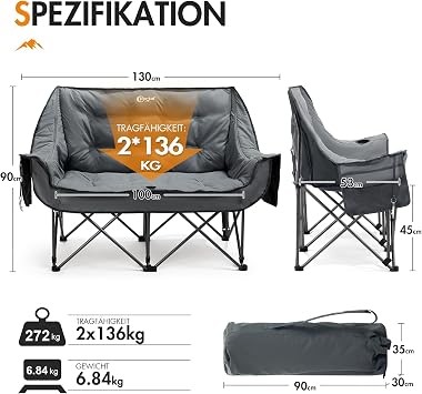 Portal Camping Chair Foldable Camping Sofa for 2 People 272 kg Load Capacity Super Soft with Storage Bag Double Folding Chair Folding Sofa Thick Padded High Backrest for Outdoor Garden Balcony